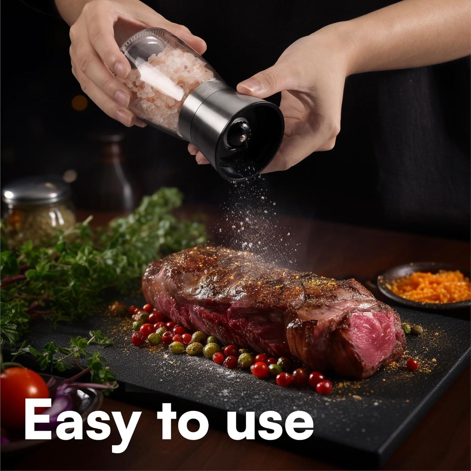 H&S Salt And Pepper Grinder Set - Manual Mill Grinders For Kitchen - Glass And Stainless Steel Spice Mills With Adjustable Coarseness - Easy To Use And Fill - Large Capacity - Kitchen Gadgets