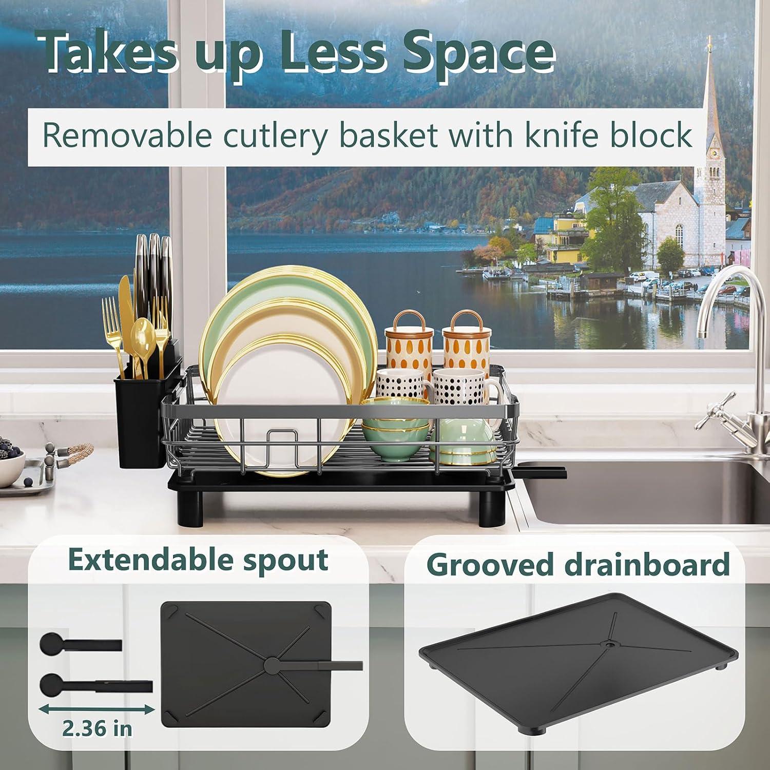 THE GLAMOUR BOUTIQUES Iron Dish Drying Rack With Drainboard Dish Drainers For Kitchen Counter Extendable Spout Strainers With Utensil Holder And Knife Slots, Grey