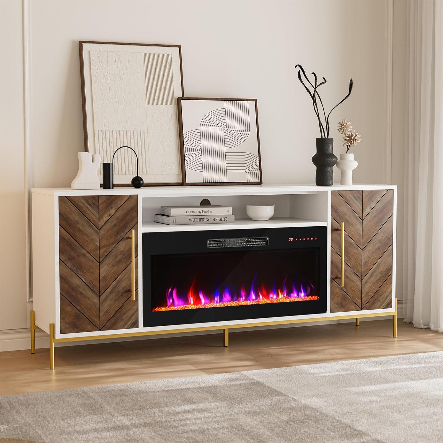 BELLEZE 68" Wood TV Stand with 36" Electric Fireplace, Entertainment Center with Storage Cabinet, Console Table for TVs up to 75 Inches, for Living Room, Bedroom - Harper (White Ebony)