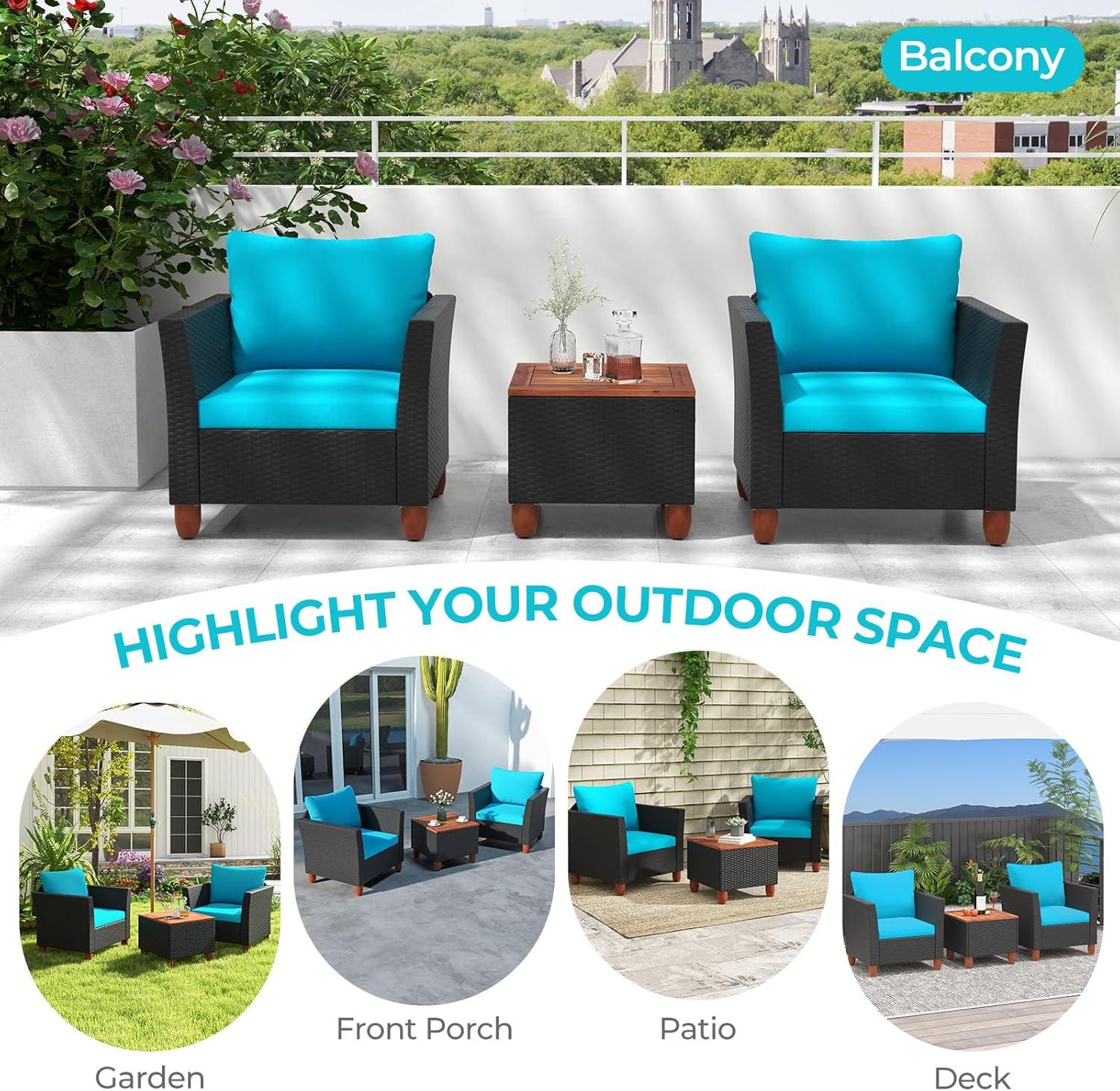 Tangkula 3PCS Patio Rattan Conversation Set Outdoor Furniture Set w/ Turquoise Cushions
