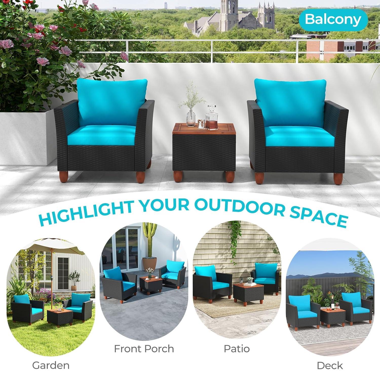 Tangkula 3PCS Patio Rattan Conversation Set Outdoor Furniture Set w/ Turquoise Cushions