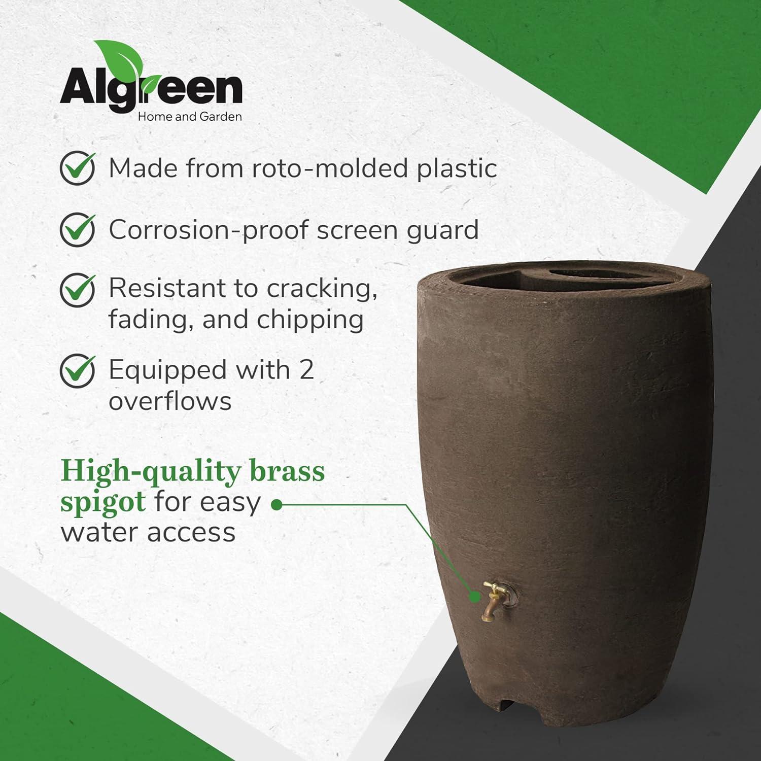 Algreen Athena 50 Gallon Plastic Outdoor Rain Barrel with Brass Spigot and Screen Guard for Rain Water Collection and Storage, Brownstone (2 Pack)