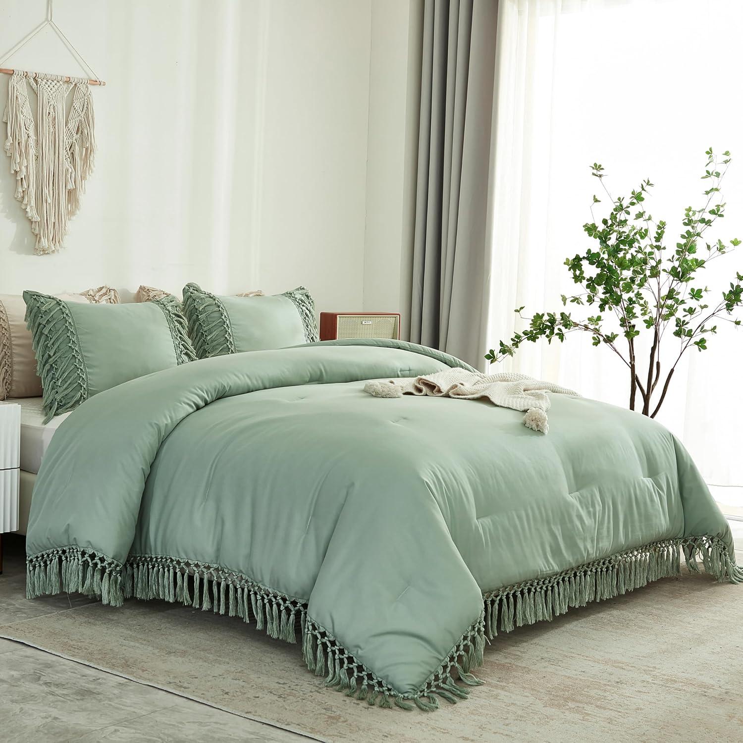 Sage Green King Microfiber Boho Tassel Comforter Set