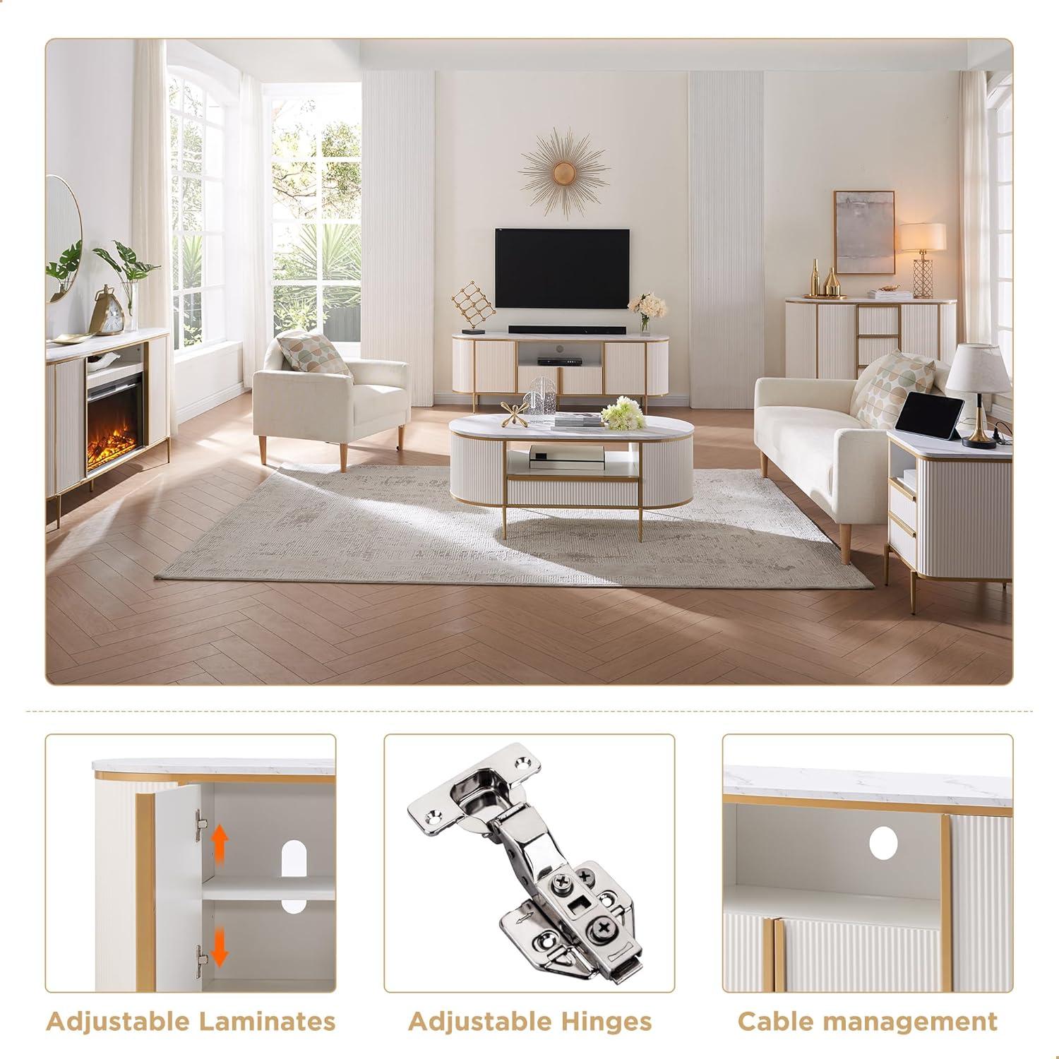 SinCiDo Luxury 70" Fluted TV Stand, Modern TV Console for TVs Up to 80 inches, Faux Marble Top & Curved Design, Off White