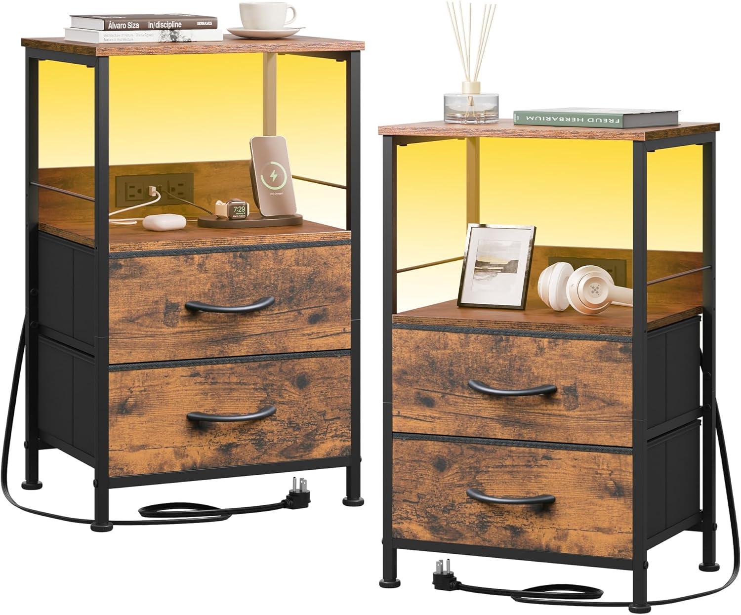 WLIVE Night Stand Set of 2 with Charging Station, LED Nightstand Sets with 2 Fabric Drawers and Storage Shelf, Small Bedside Tables for Small Spaces, Dresser for Bedroom, Rustic Brown