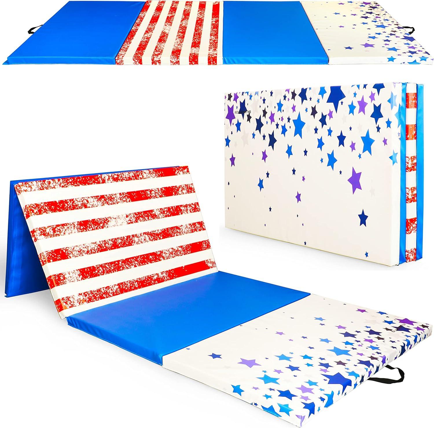 BalanceFrom Folding Gymnastics Mat, Thick Home Gym Floor Tumbling Equipment, Star/Stripe - Portable Exercise and Workout Pad for Pilates, Aerobics,