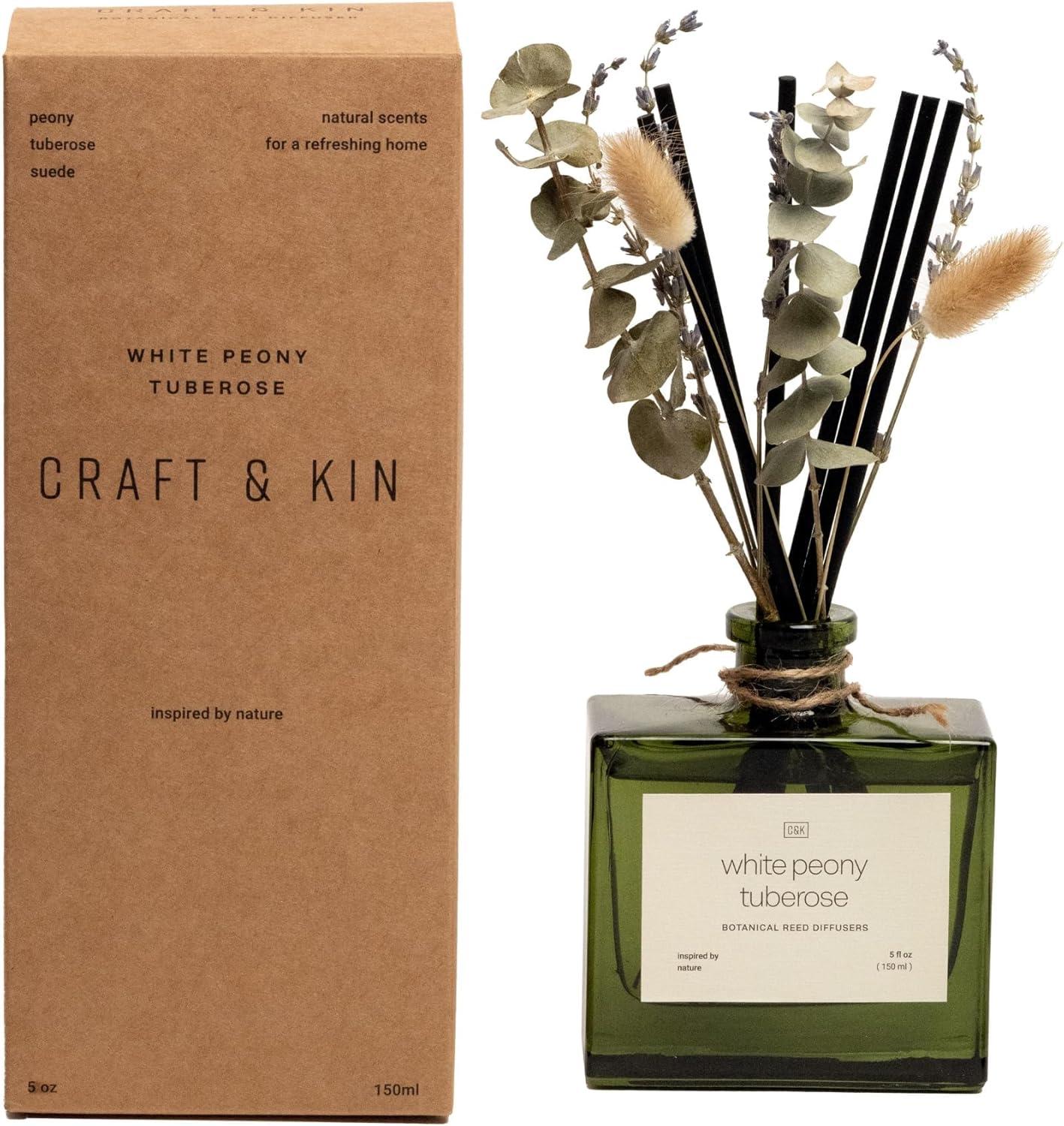 Craft & Kin Reed Diffuser Set With Flower For Home With White Peony Tuberose Scent