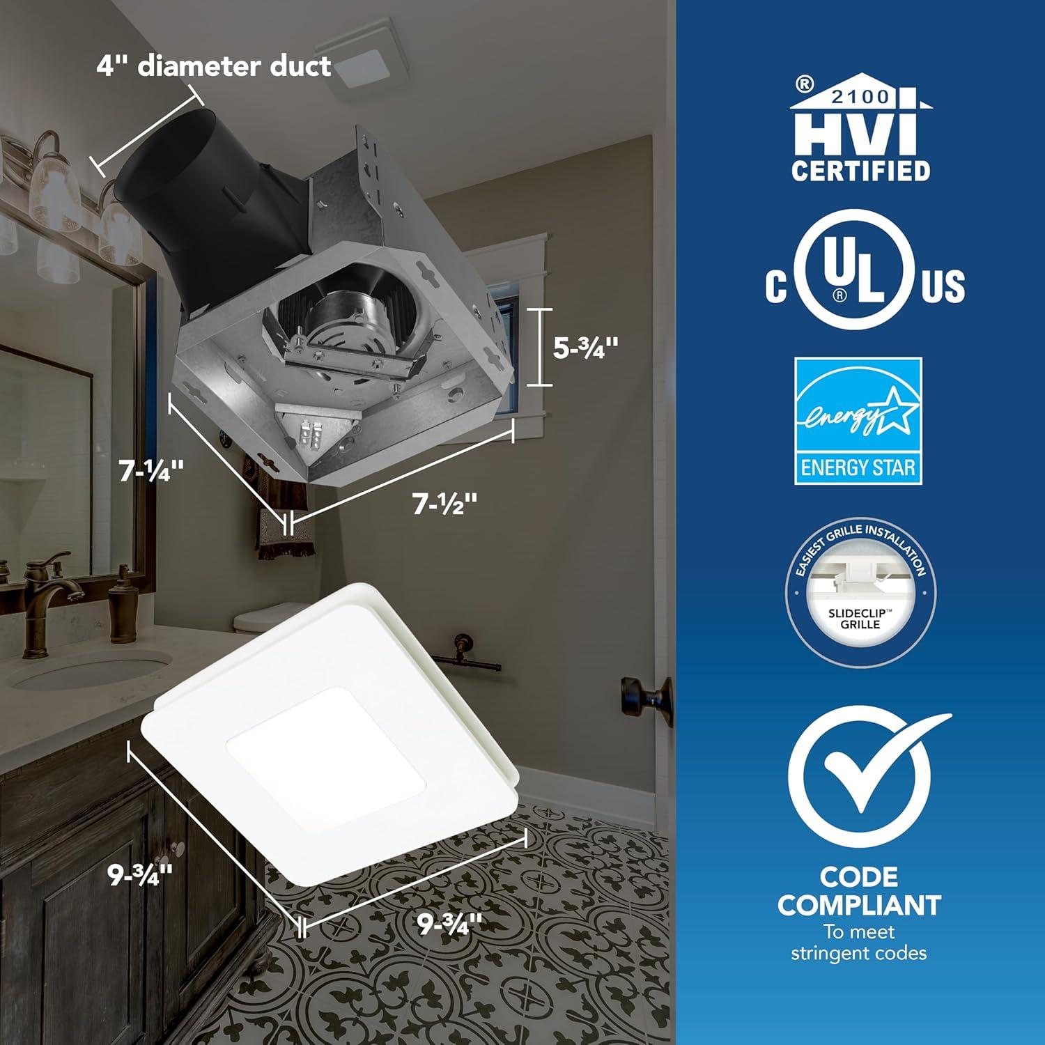 White Steel Bathroom Exhaust Fan with LED Light, 80 CFM