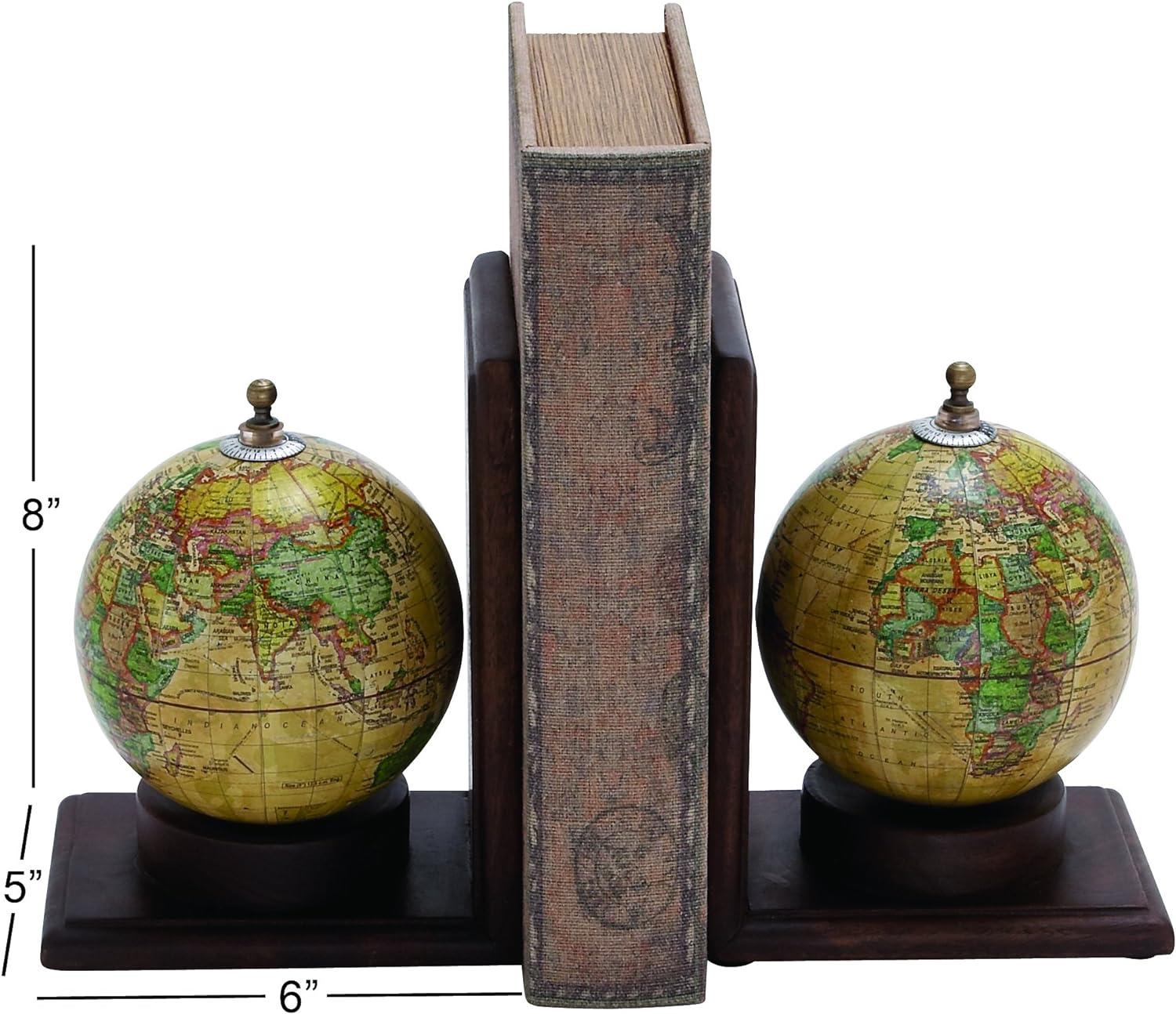 Elegant Sepia Globe Wooden Bookends with Metallic Accents, Set of 2