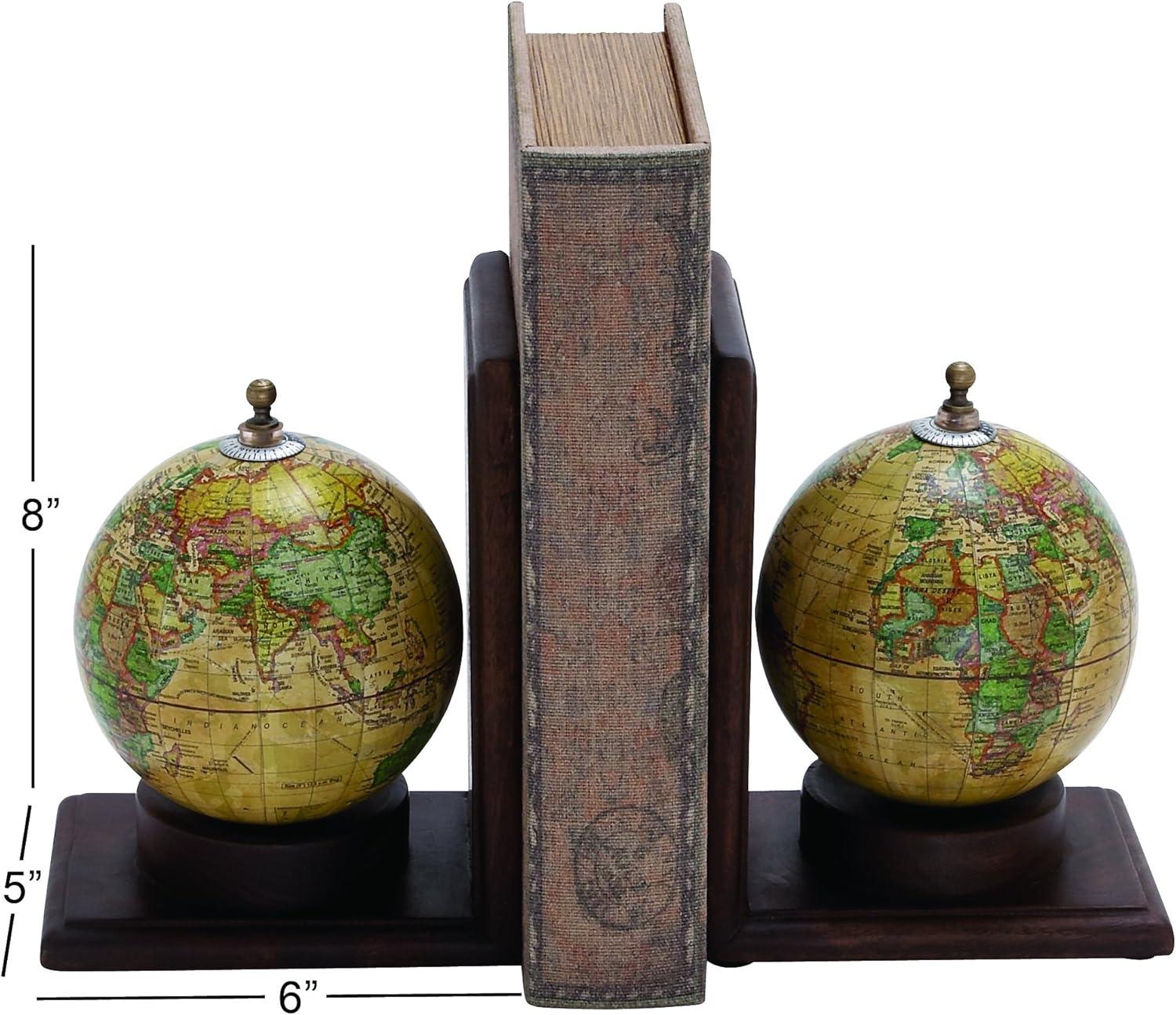 Elegant Sepia Globe Wooden Bookends with Metallic Accents, Set of 2