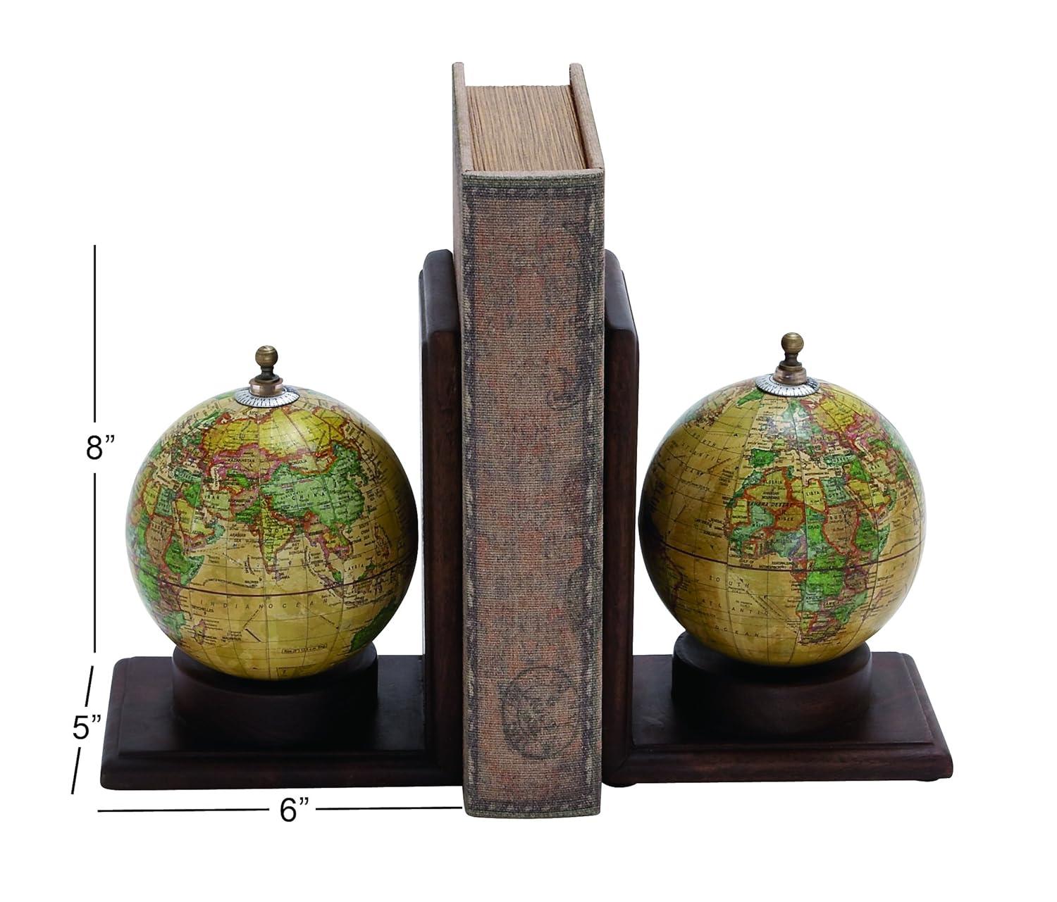 DecMode 6" Globe World Map Brown Wood Bookends (Set of 2)