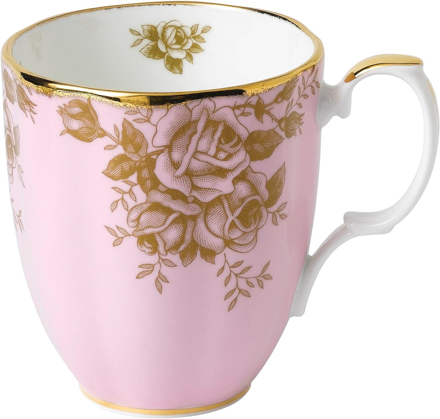 Pink and Gold Floral Ceramic Mug with Gold Accents