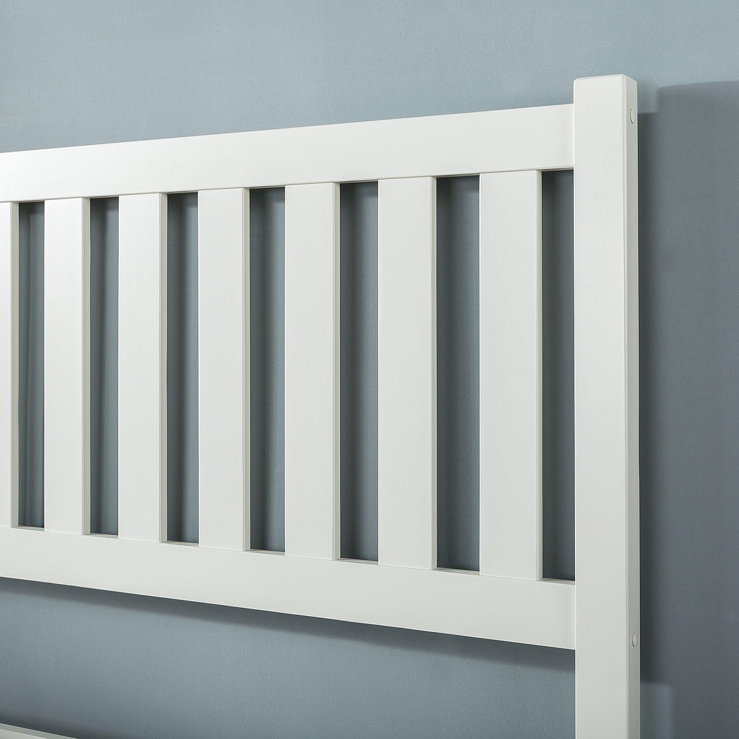 Queen Off-White Pine Wood Platform Bed with Slatted Headboard