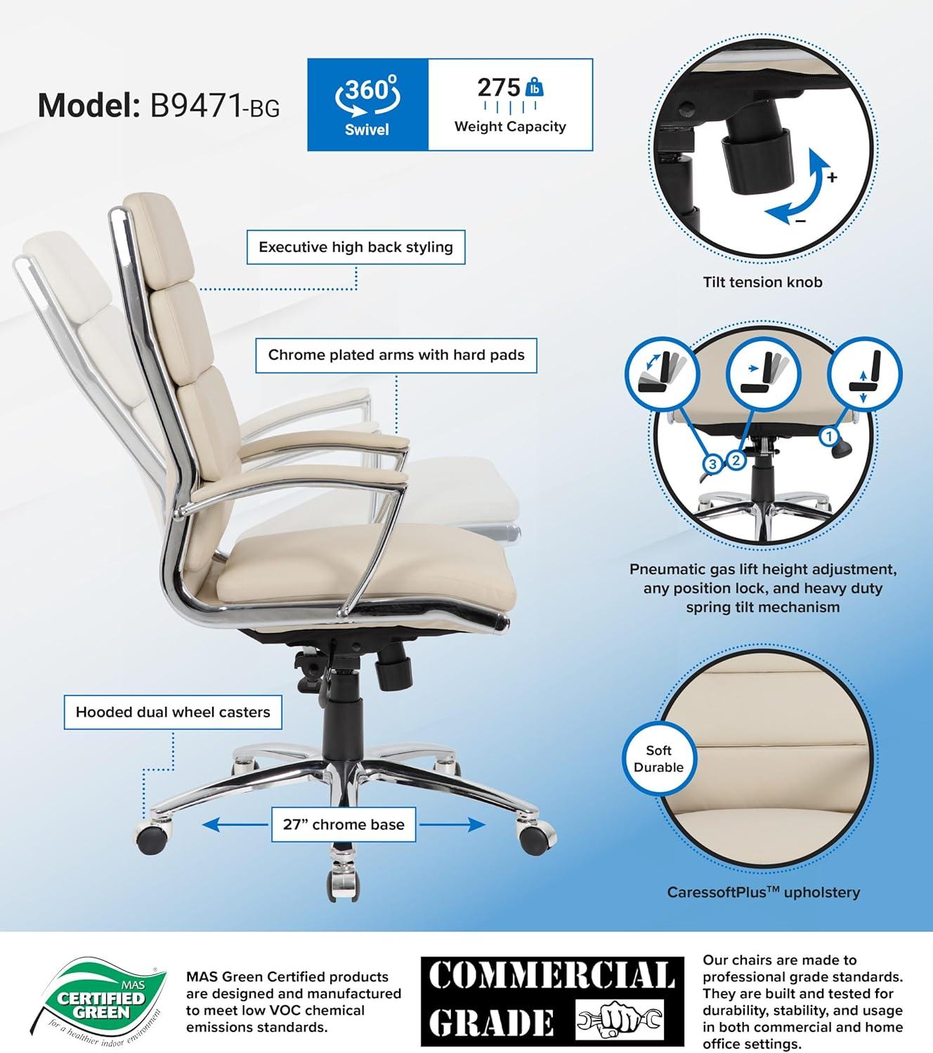 Contemporary Striped Executive Office Chair Beige with Lumbar Support & Casters - Boss Office Products