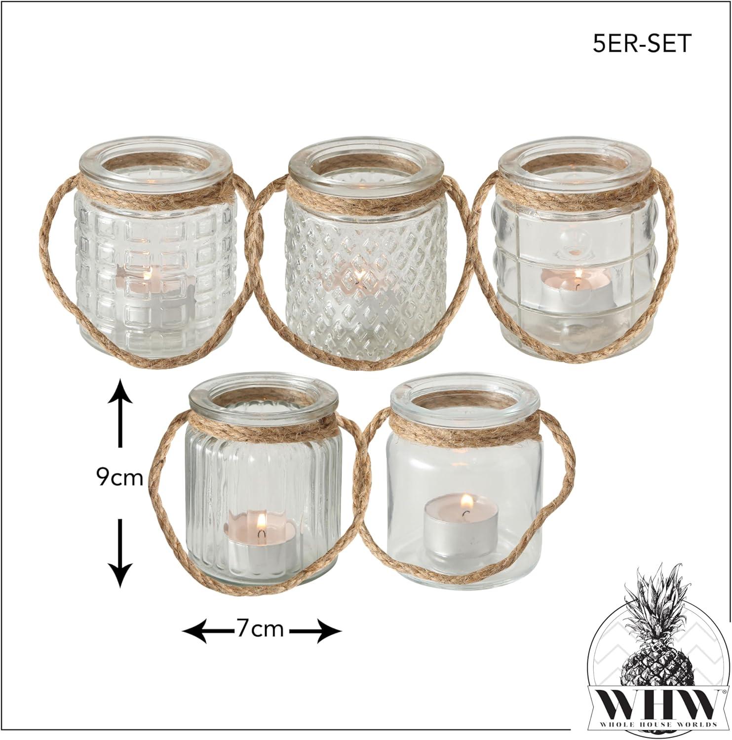 Beach Chic Nautical Rope Hurricane Lamps, Clear Glass Candle Holder, for LED or Wax Votive, Pillar or Tealights, Wind Light, Set of 5, 2 3/4 x 2 3/4 x 3 1/2 Inches