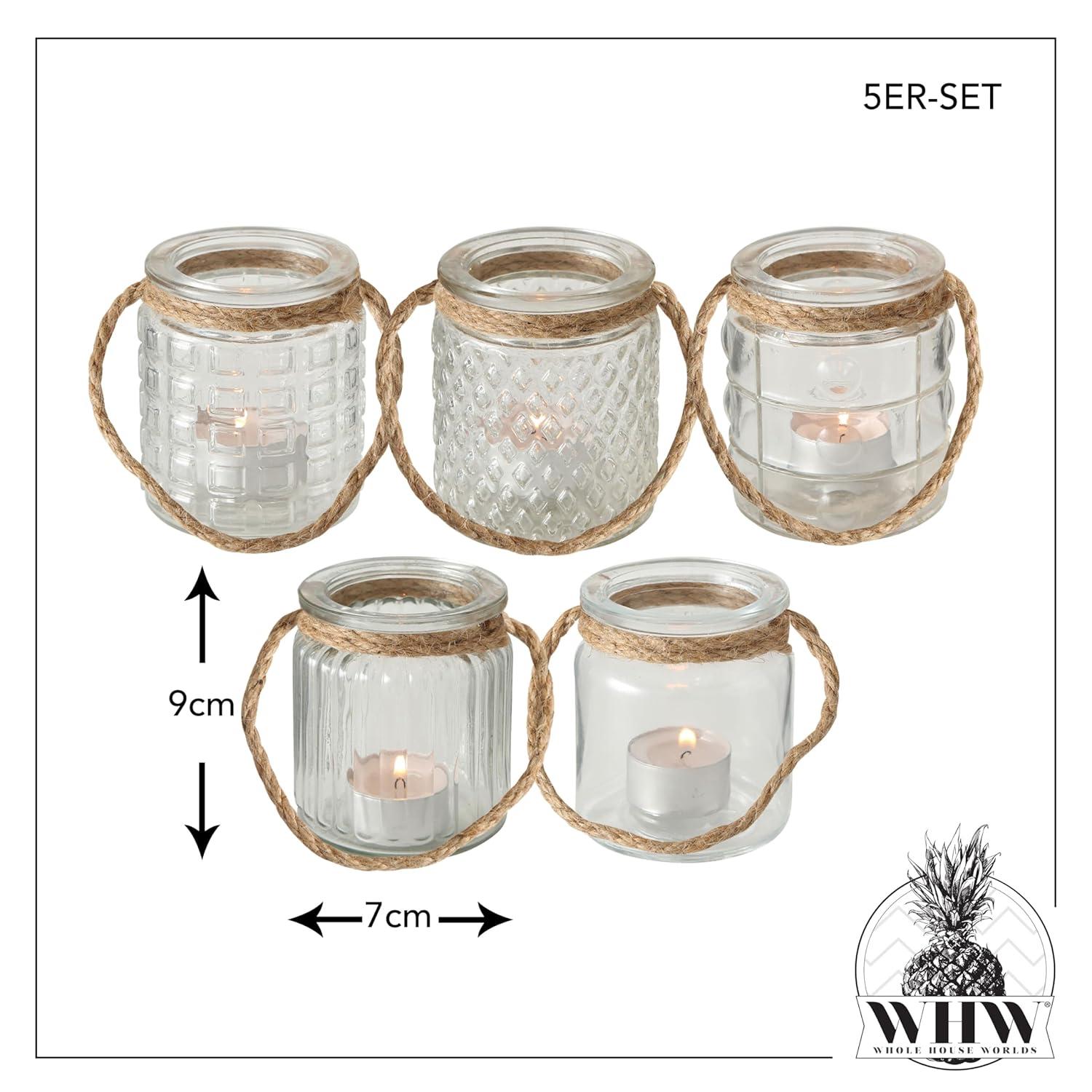 Beach Chic Nautical Rope Hurricane Lamps, Clear Glass Candle Holder, for LED or Wax Votive, Pillar or Tealights, Wind Light, Set of 5, 2 3/4 x 2 3/4 x 3 1/2 Inches