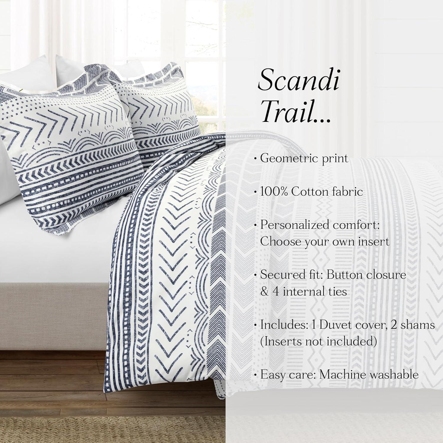3pc King Hygge Geo Duvet & Sham Set Navy/White - Lush Décor: Cotton, Reversible, Inner Ties, 460 Thread Count