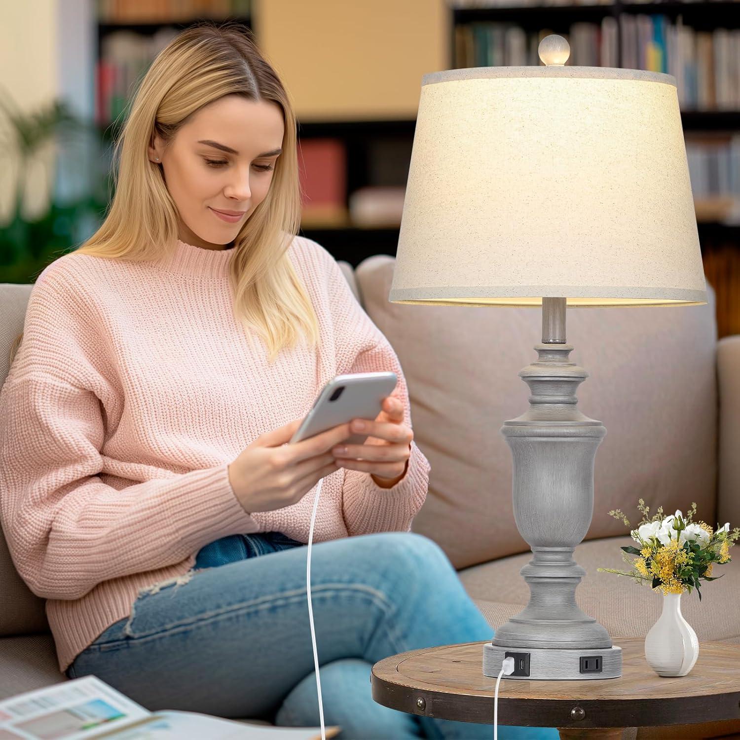 Cinkeda Farmhouse Touch Table Lamps with USB Ports AC Outlet Modern 3 Way Dimmable Resin Bedside Nightstand Lamp Set of 2 for Living Room Bedroom