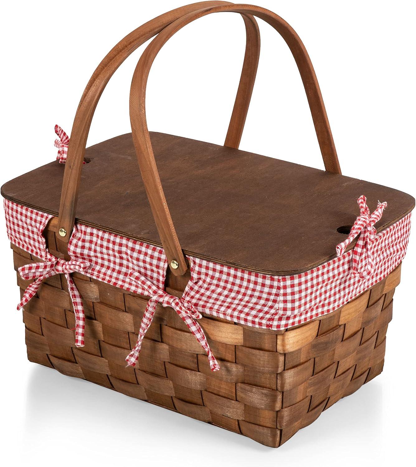 Picnic Time Kansas Handwoven Wood Picnic Basket - Large Basket with Tabletop Lid