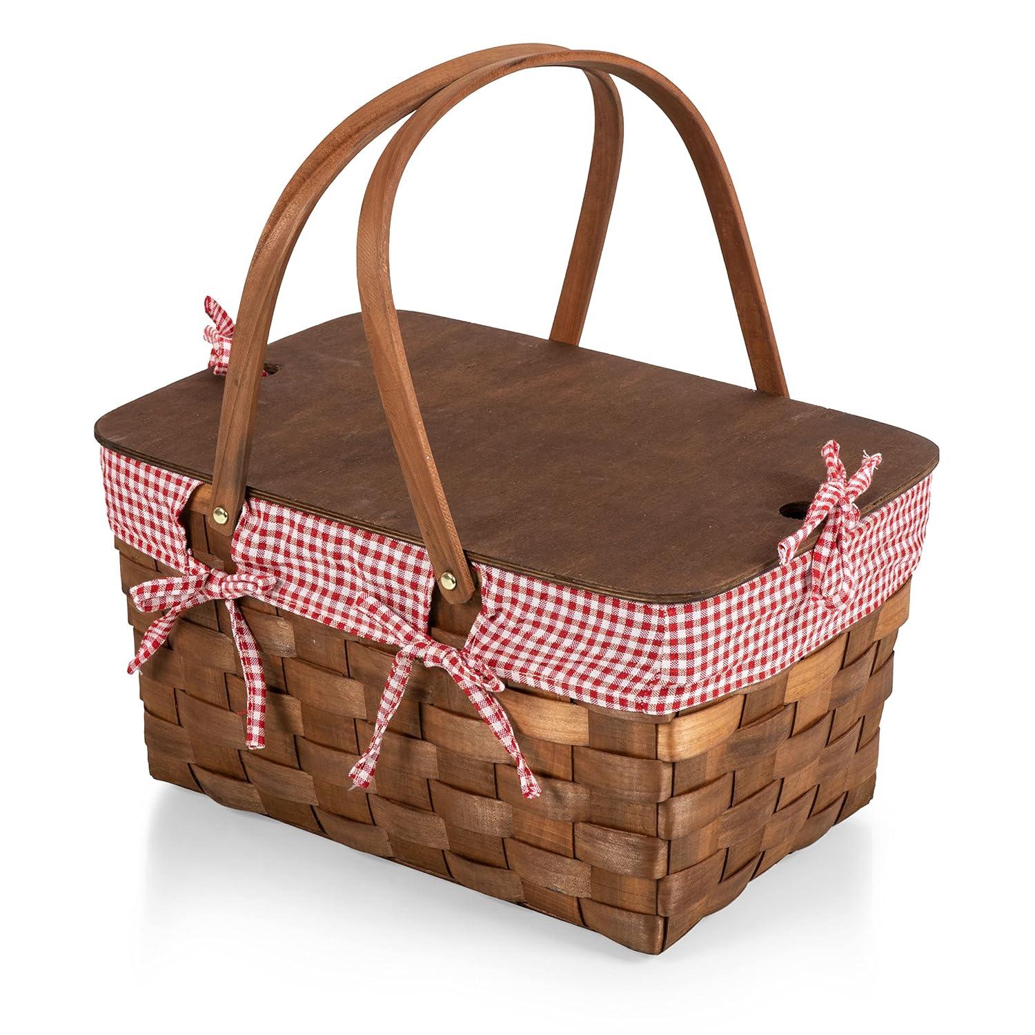 Picnic Time Kansas Handwoven Wood Picnic Basket - Large Basket with Tabletop Lid
