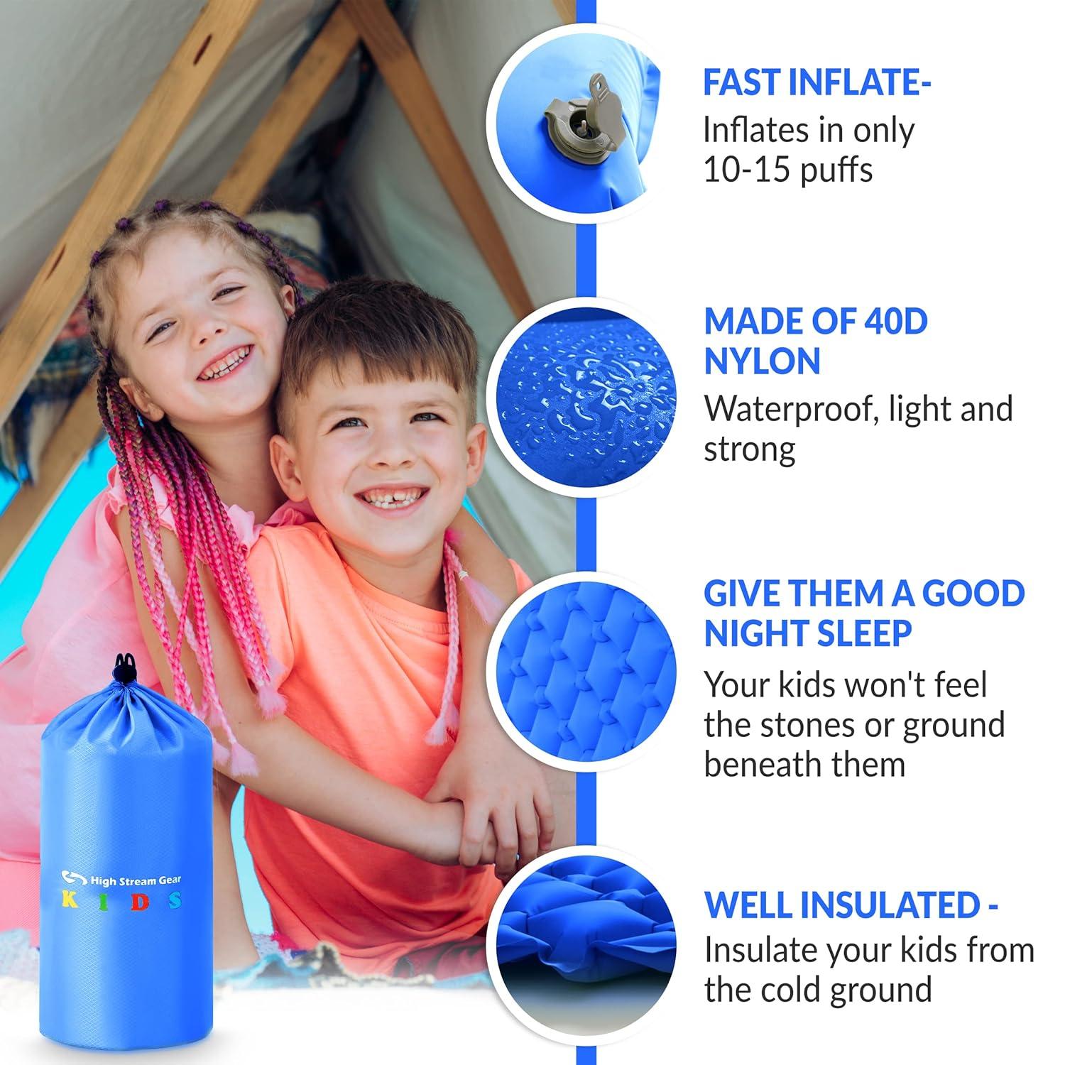 Kids Sleeping Pad for Camping and Sleepovers with Pillow, Inflatable Camping Mattress for Backpacking & Travel, Thick Toddler Cot Mat, Fast Inflating Camping Sleeping Pads for Kids
