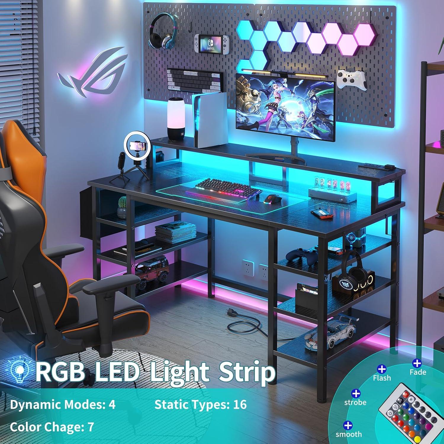 Lufeiya Gaming Desk with LED Lights and Storage Shelves, 47 inch Computer Desk with Power Outlets, Home Office Desk with Monitor Stand, Writing Table PC Desks, Black