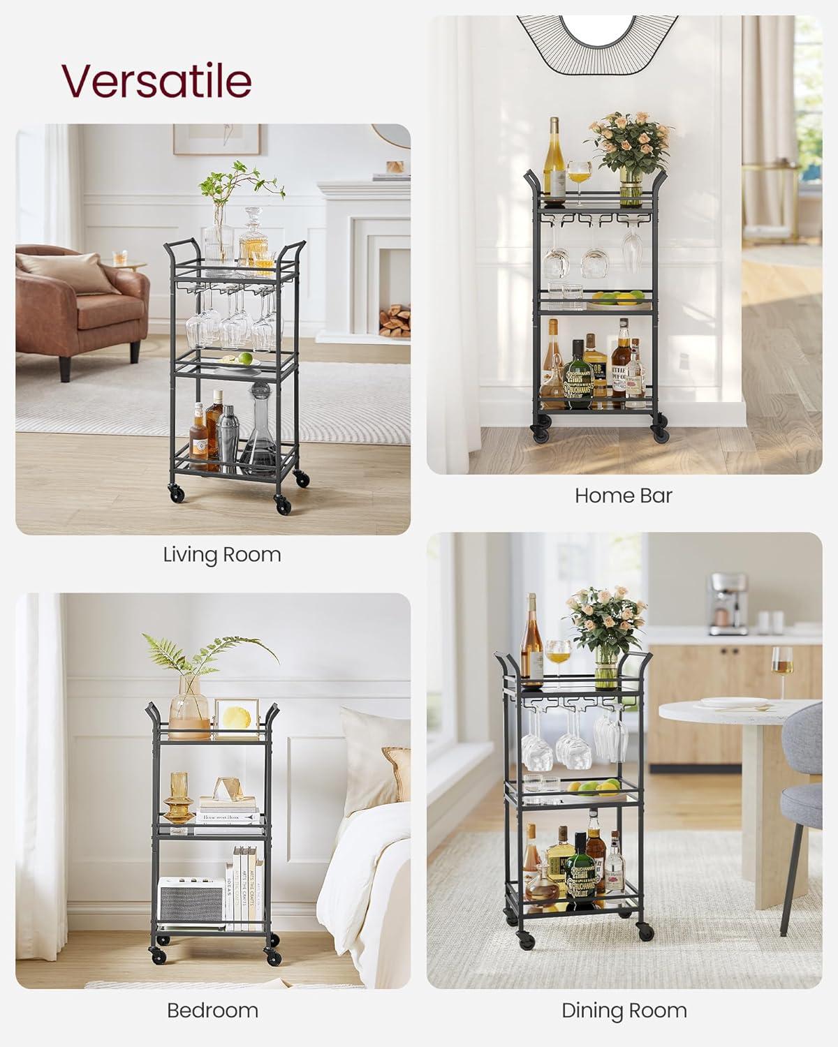 Ink Black 3-Tier Steel and Glass Bar Cart with Storage