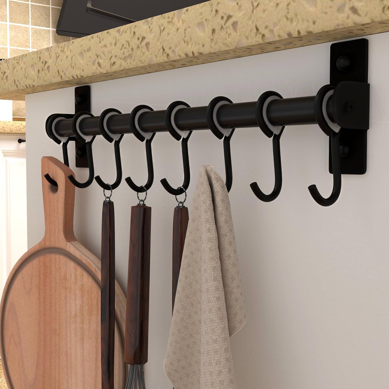 Black Stainless Steel Wall Mounted Kitchen Rail with 8 Hooks