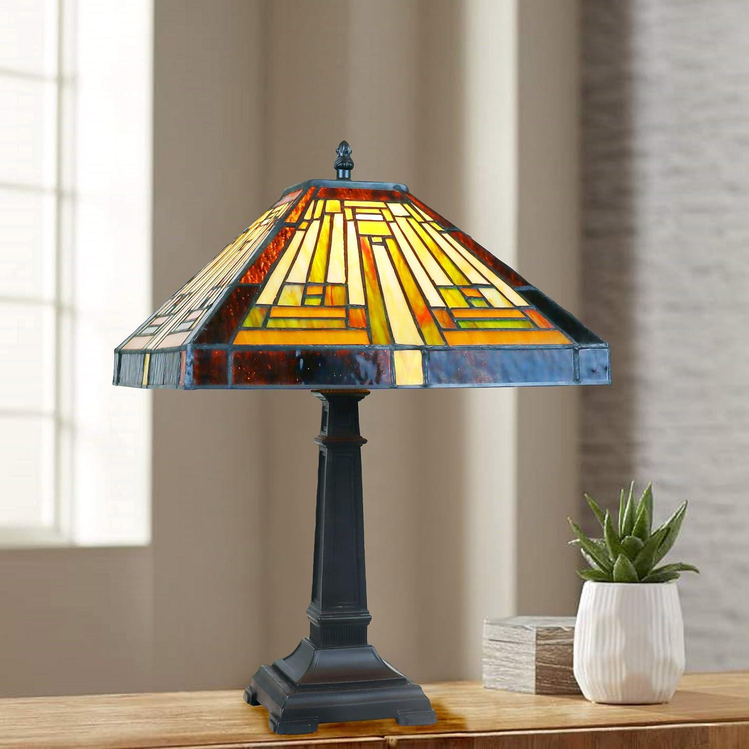 Innes Mission Tiffany-Style Blackish Bronze Table Lamp with Stained Glass Shade