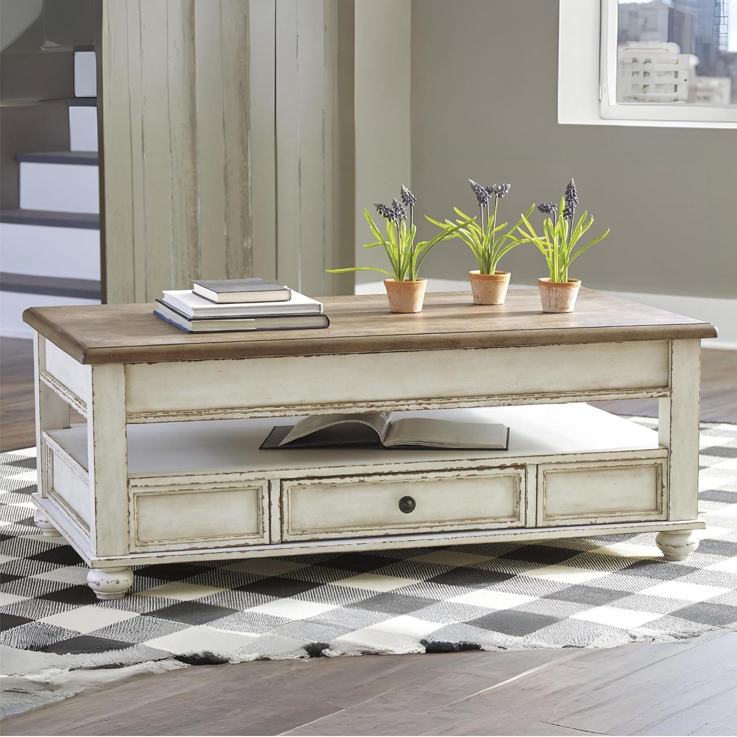 Realyn Coffee Table with Lift Top White/Brown - Signature Design by Ashley: Mid-Century Style, Storage, Wood Legs