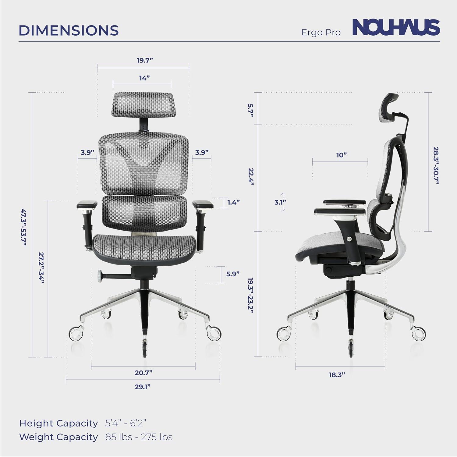 Nouhaus Inc Nouhaus Ergonomic Office Chair Lumbar Support Aluminum Alloy Backrest, Big and Tall Mesh Computer Desk Chair with Adjustable Headrest, 4D Armrest and Premium Wheels