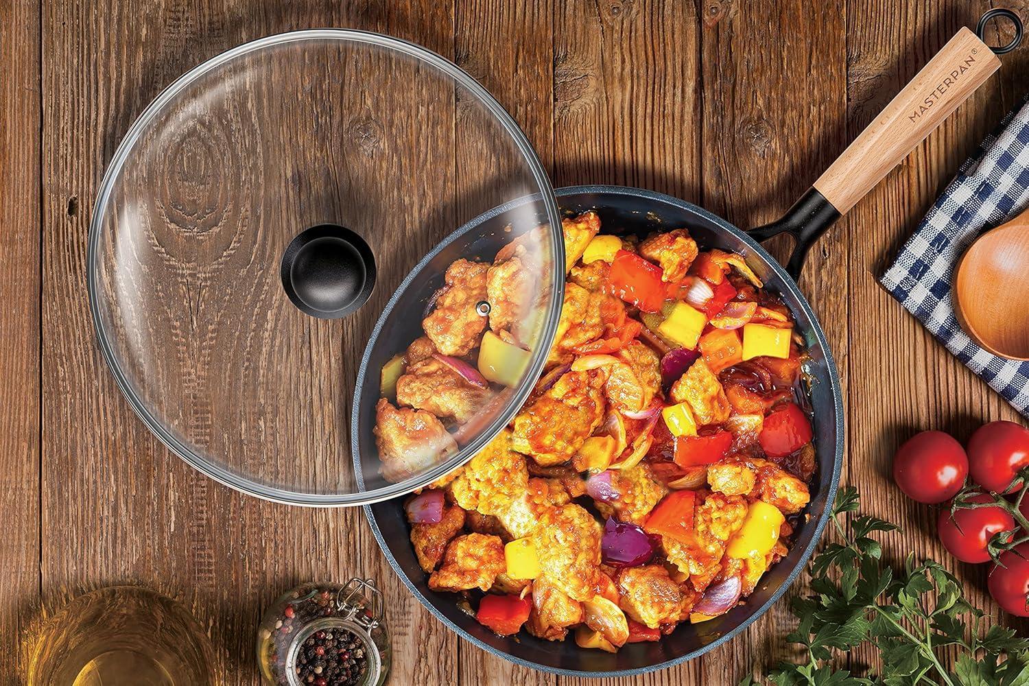 MasterPan Inc. Masterpan Carbon Steel Wok With Glass Lid Wooden Utensils Non-Stick Flat Bottom Asian Stir-Fry