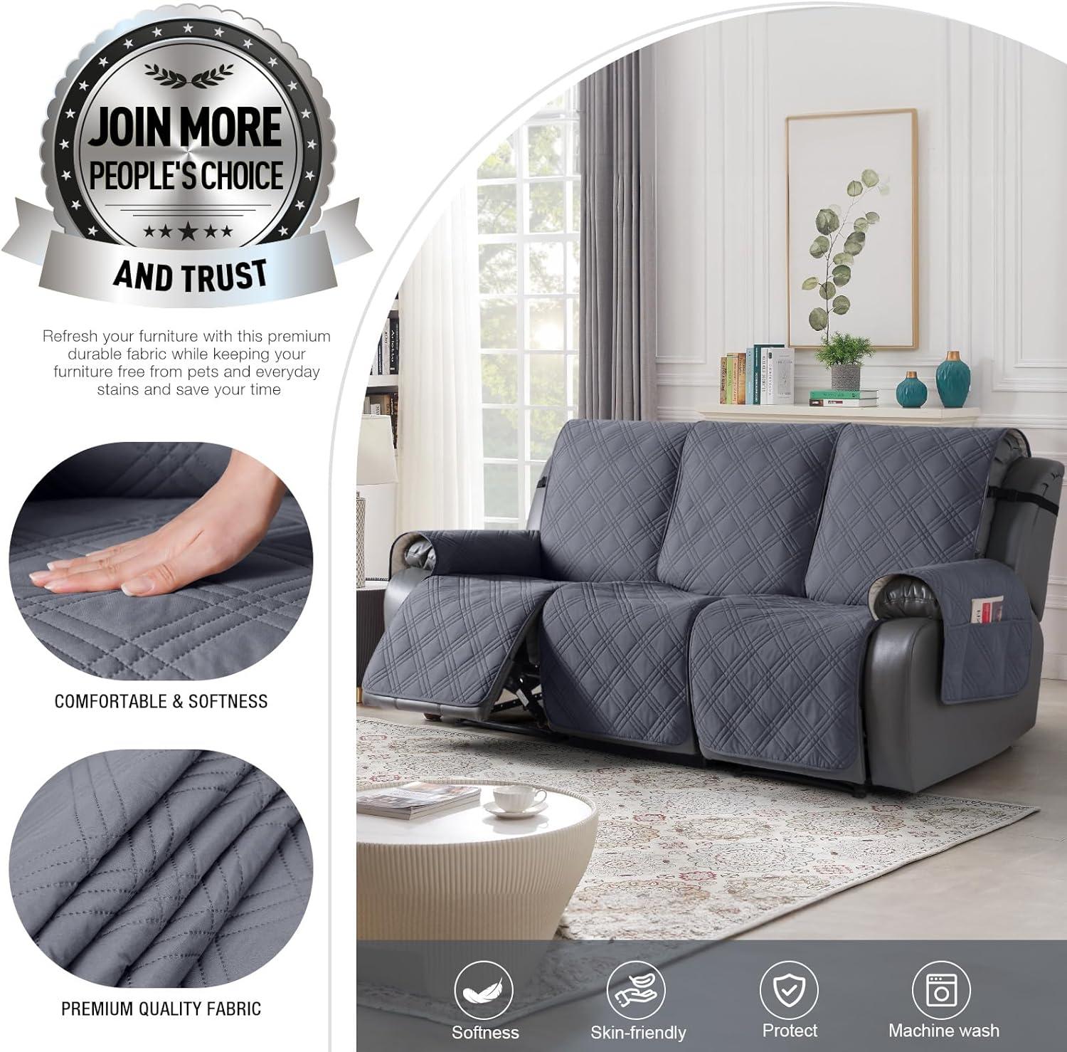 Box Cushion Recliner 3 Seater Sofa Slipcover, Non-Slip Pet Reclining Couch Cover with Pockets Furniture Protector