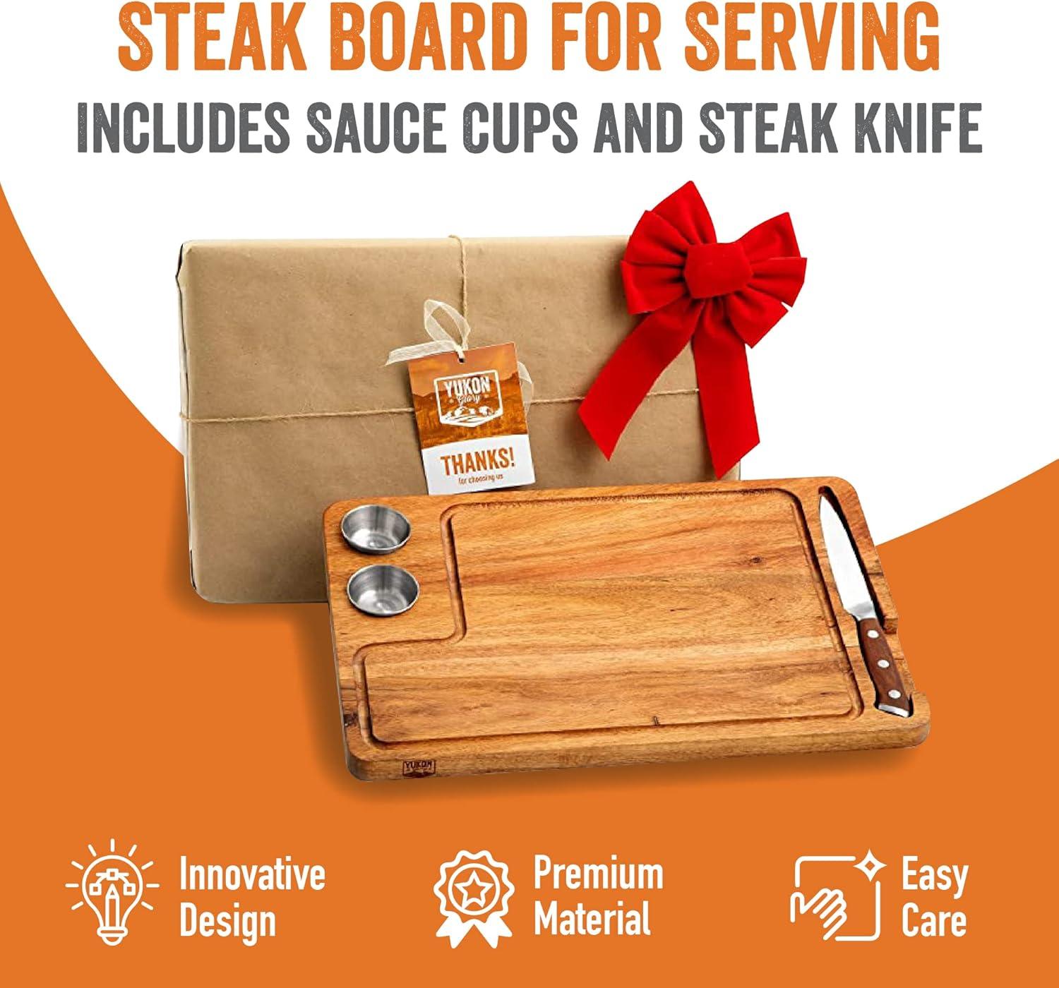 Yukon Glory Steak Board for Serving Steak, Meat, and Poultry in Style, Premium Acacia Wood, Includes Sauce Cups and Steak Knife, 3 Pack.