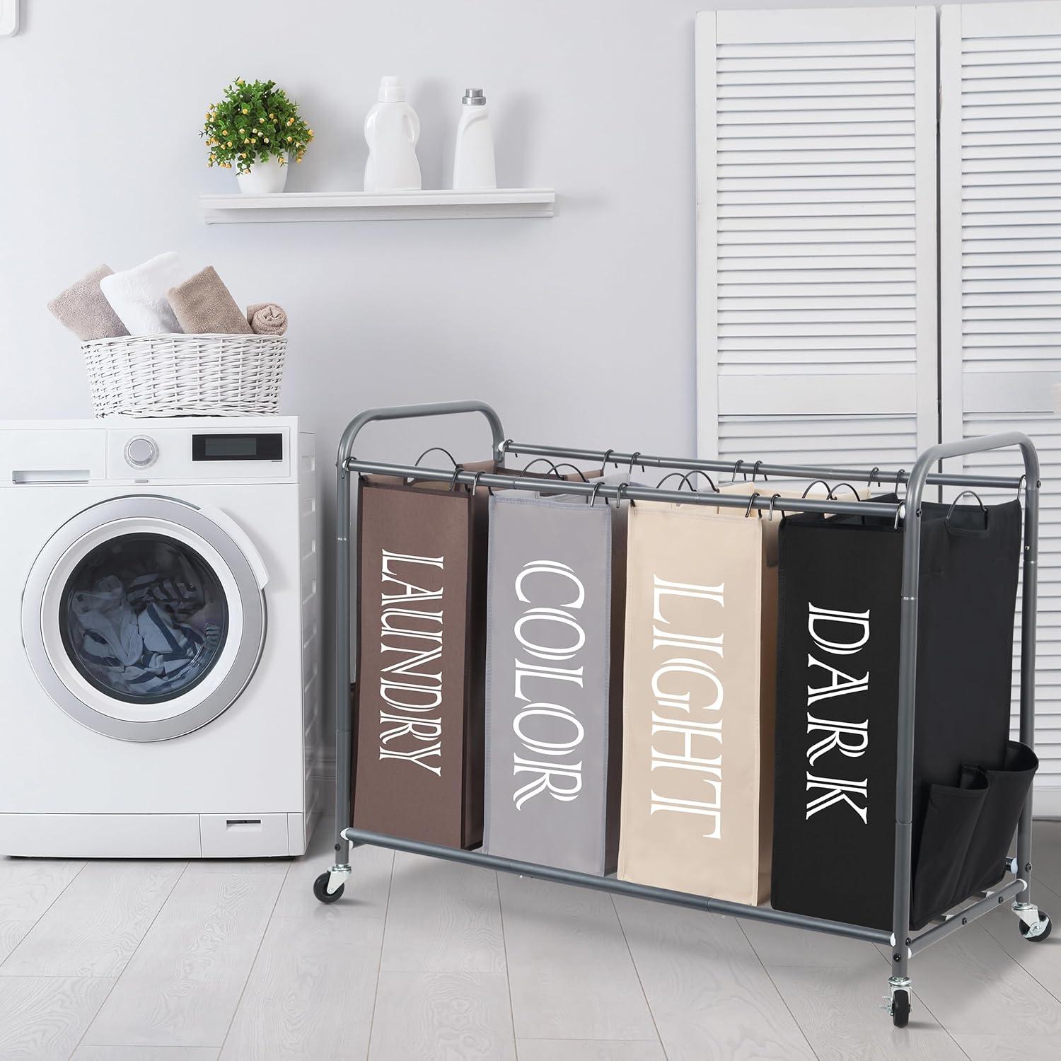 STORAGE MANIAC Laundry Sorter, Laundry Divider with Side Pockets, Multi Laundry Separator Hamper with Removable Bags and Rolling Lockable Wheels, Laundry Organizer Hamper, 4 Section Multicolored