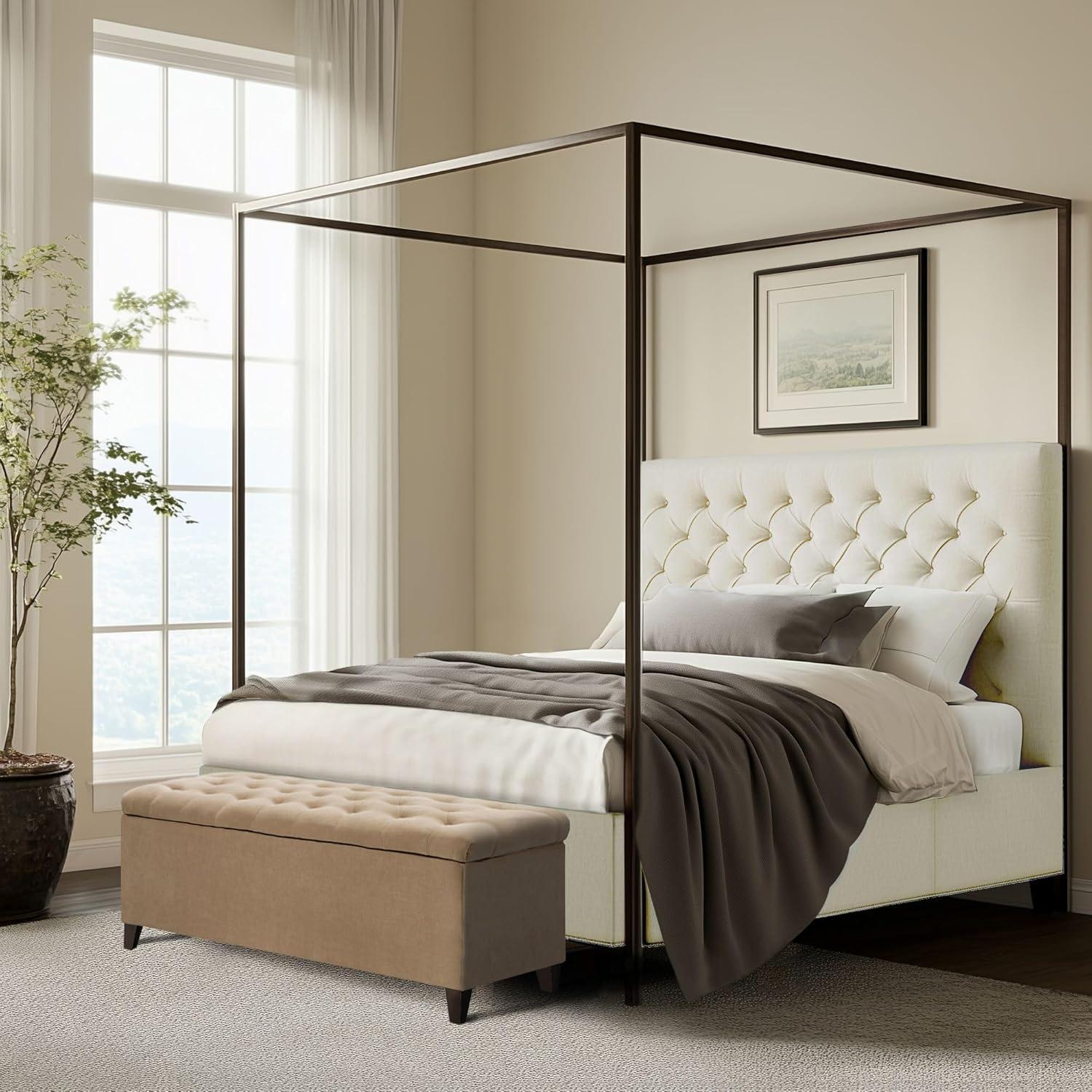 Shandra Bench Storage Ottoman with Tufted Top - Sand: Upholstered Bedroom Ottoman, Wood Legs, No Assembly Required