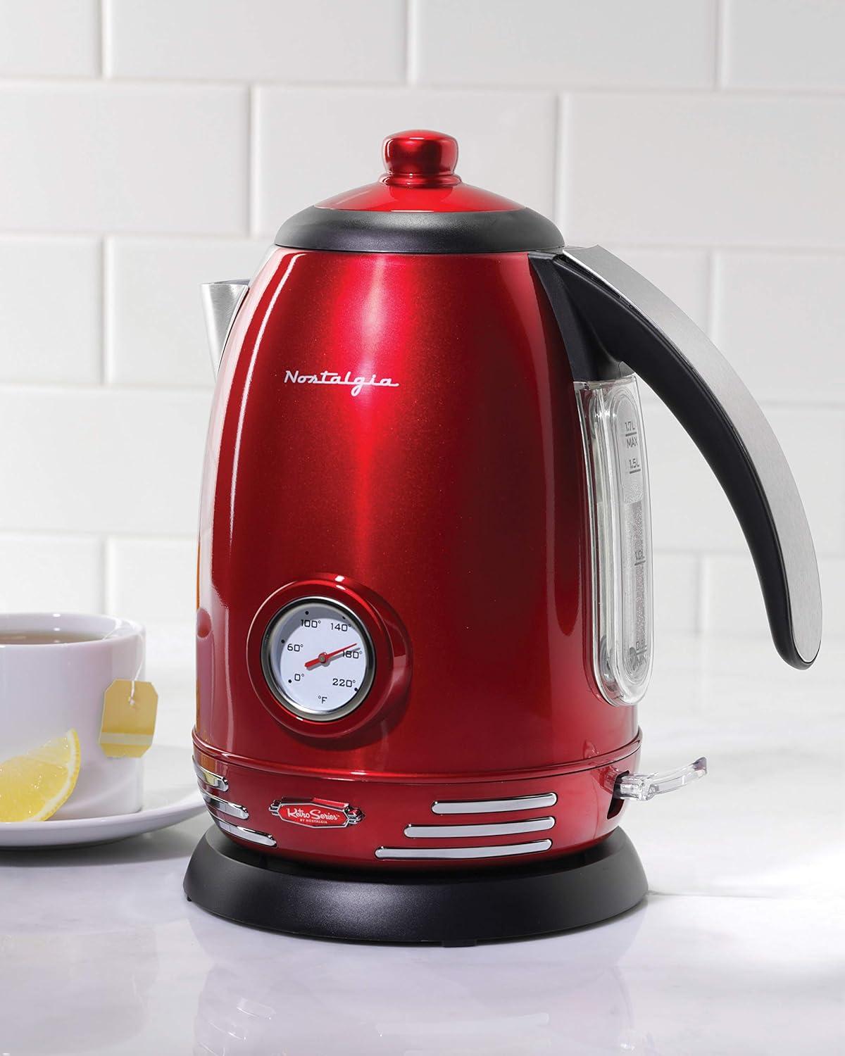 Nostalgia WK17RR Retro 1.7-Liter Stainless Steel Electric Water Kettle with Strix Thermostat, Retro Red