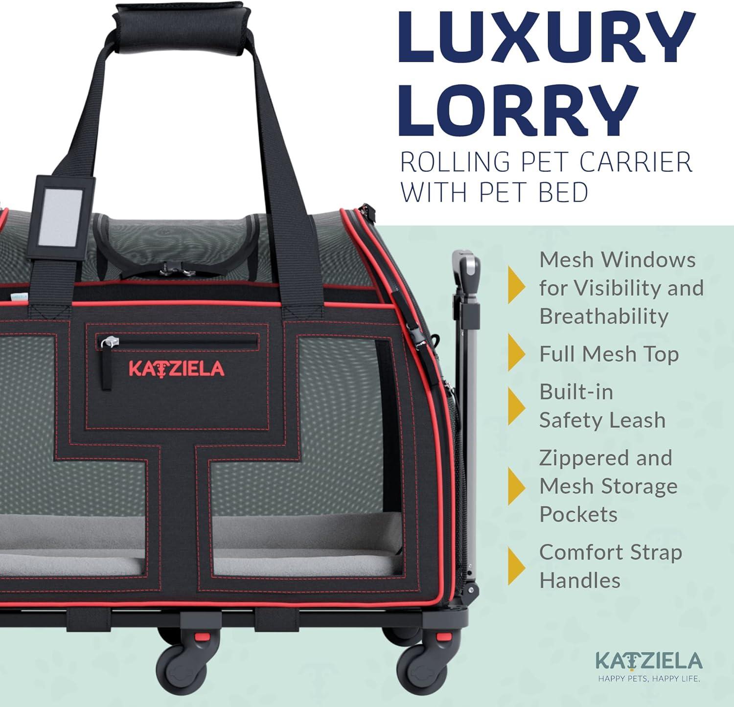 Katziela Luxury Lorry Pet Carrier Removable Wheels and Double Telescopic Handle (Black and Red) Pack 1