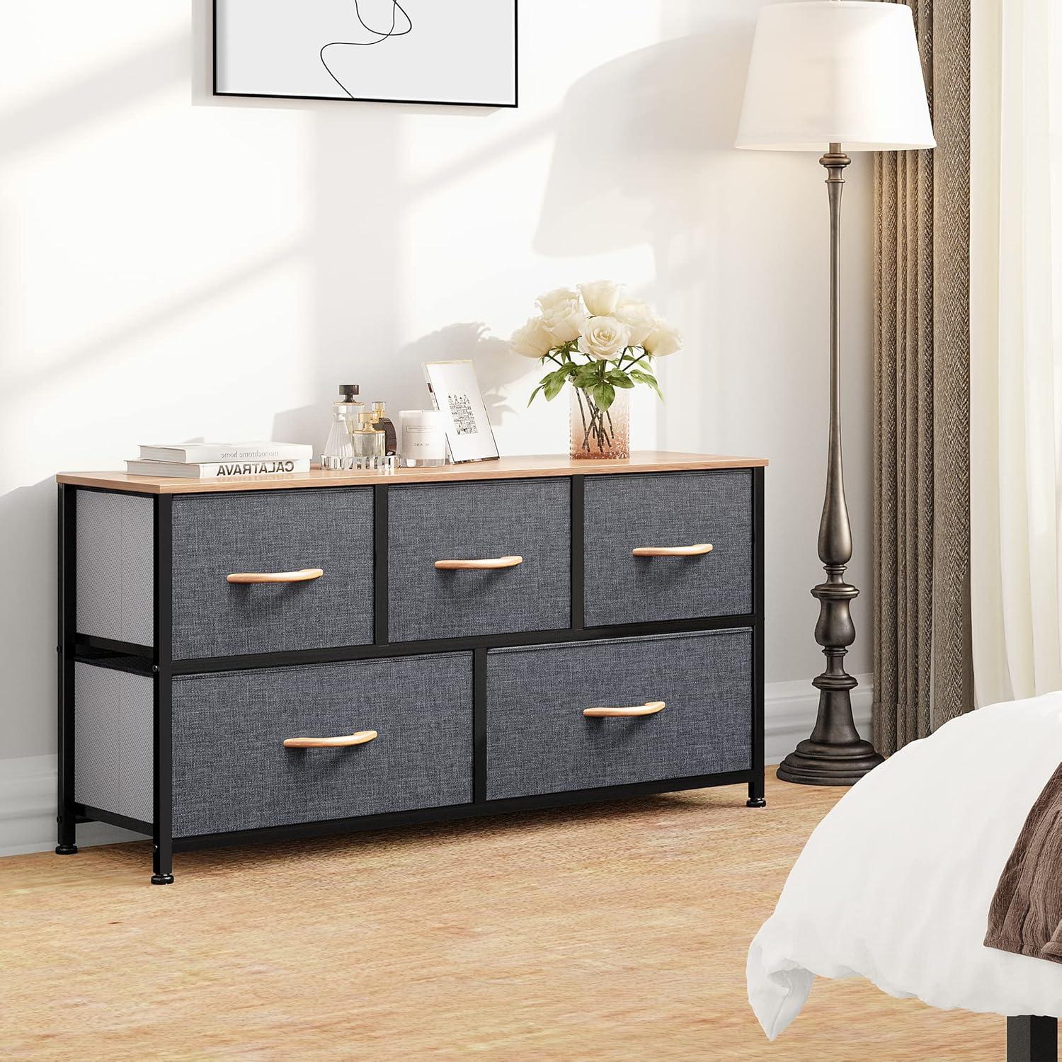 Cool Gray Fabric and Metal Nursery Dresser with Wooden Top