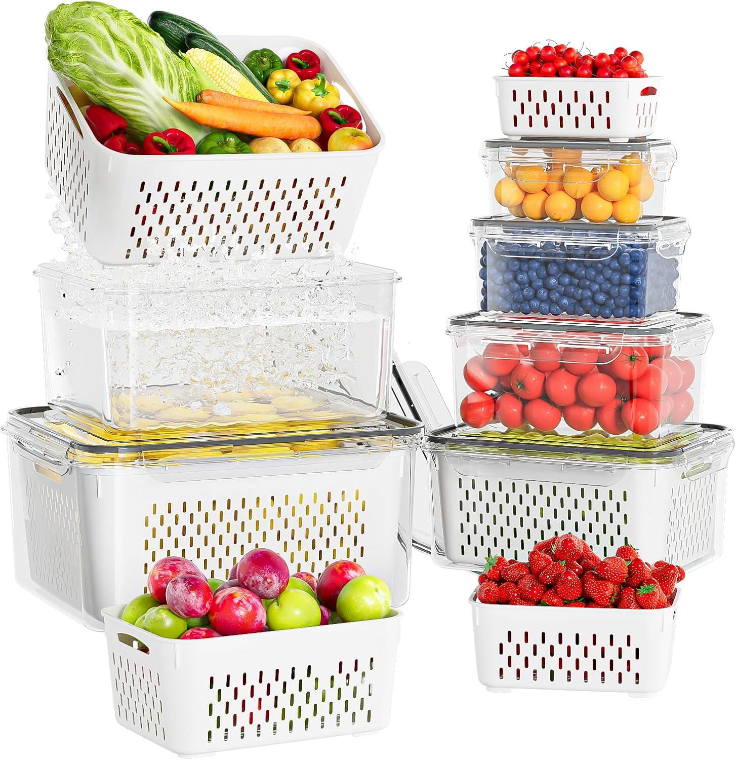 6 PCS Large Fruit Containers for Fridge - Leakproof Food Storage Containers with Removable Colander - Dishwasher & Microwave Safe Produce Containers Keep Fruits, Vegetables, Berry, Meat Fresh longer…