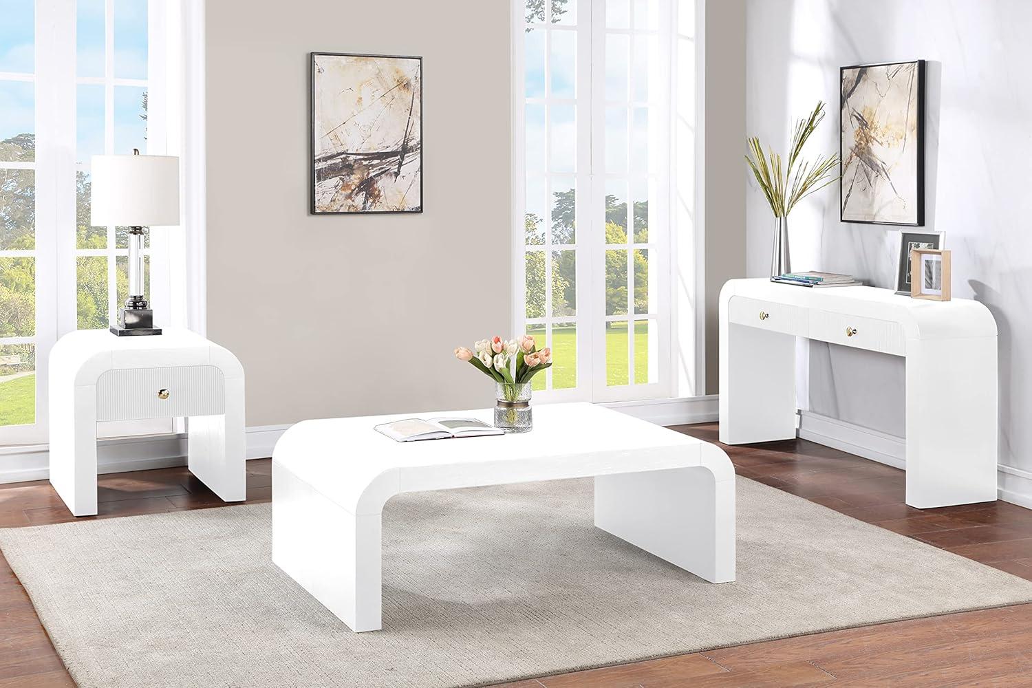 White Wood Rectangular Coffee Table with Storage Drawers