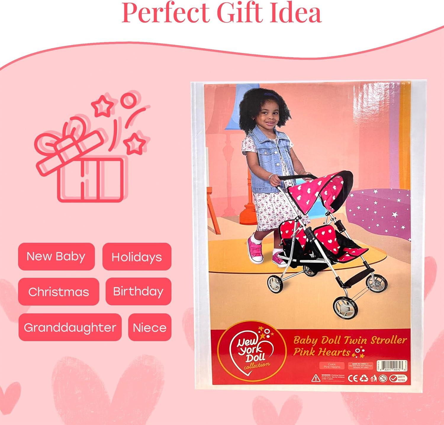 The New York Doll Collection My First Doll Heart Design Twin Stroller Pink