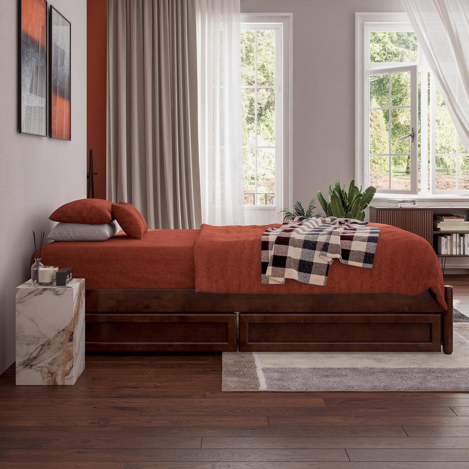 Barcelona Full Solid Wood Panel Platform Bed with Storage Drawers in Walnut