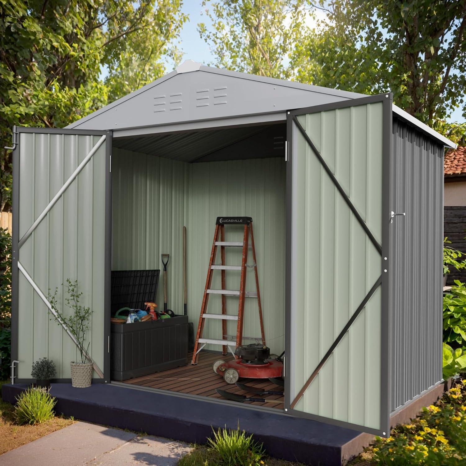 SYNGAR 8' x 6' Outdoor Metal Storage Shed, Tools Storage Shed, Galvanized Steel Garden Shed with Adjustable Shelves and Lockable Doors, Outdoor Storage Shed for Backyard, Patio, Lawn, D9182