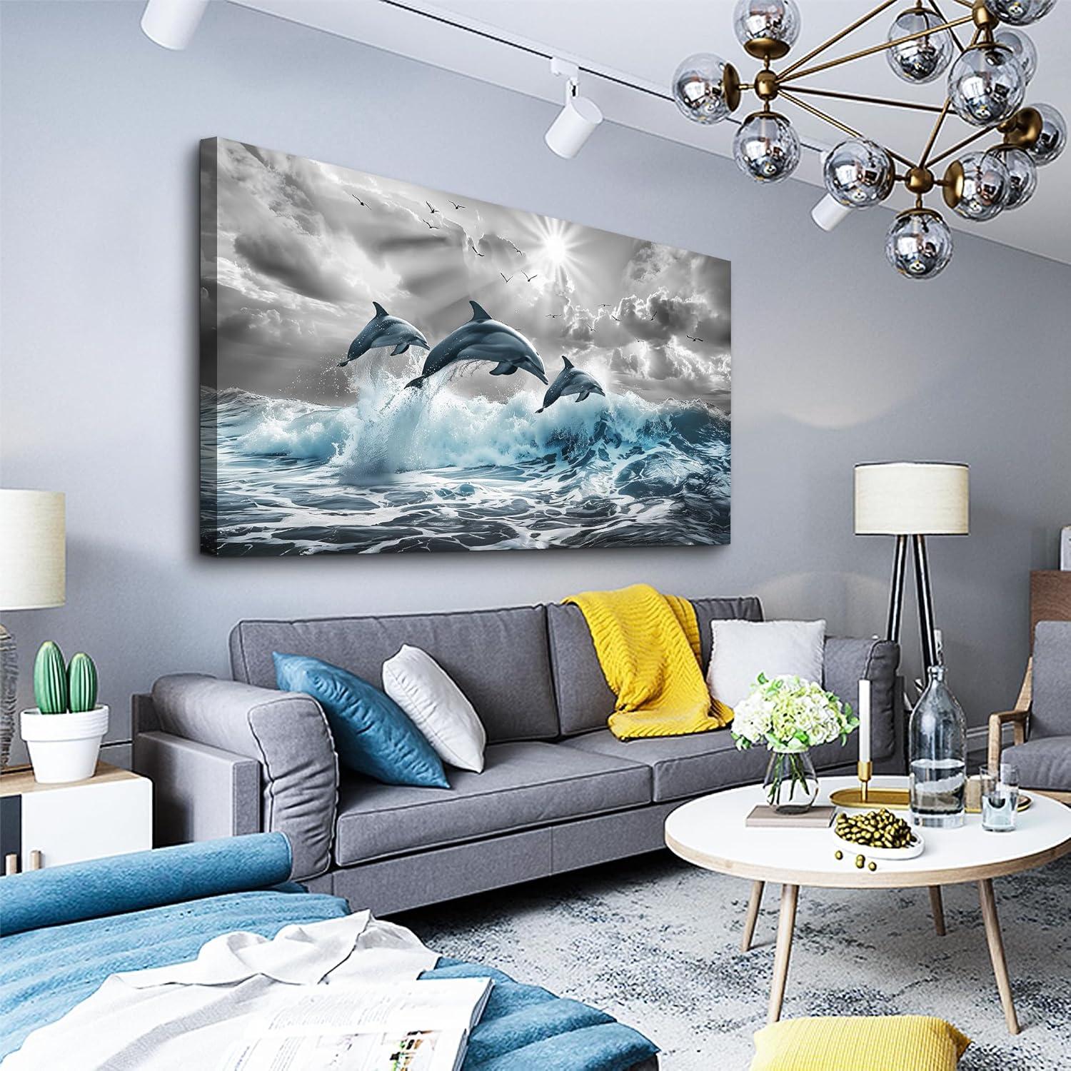 Chilfamy Wall Decorations For Living Room Canvas Wall Art For Bedroom Blue Waves Of The Sea Wall Pictures Artwork Office Canvas Art Print Dolphins Wall Paintings Ready To Hang Home Decor 20x16 Inch