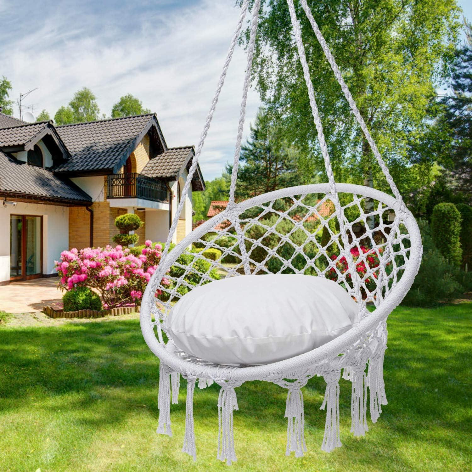 Hammock Chair Macrame Swing, Max 330 Lbs, Hanging Cotton Rope Hammock Swing Chair for Indoor Outdoor Home Patio Deck Yard Garden Reading Leisure Lounging, Hammock Chair+Cushion+Acce