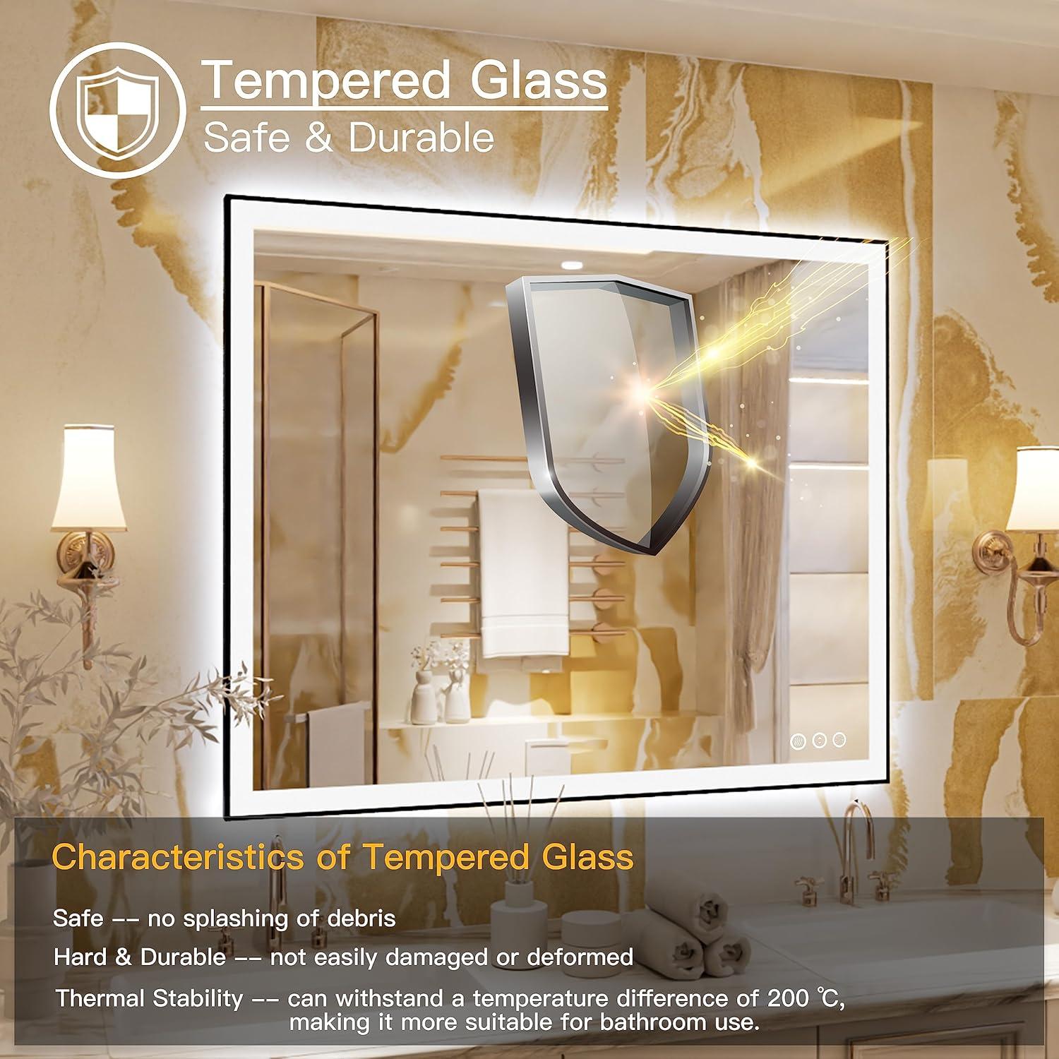 LED Bathroom Mirror 48x40 with Backlit and Front Lighted, Framed Dimmable Illuminated Mirror for Wall Anti-Fog Shatterproof (Horizontal/Vertical)…
