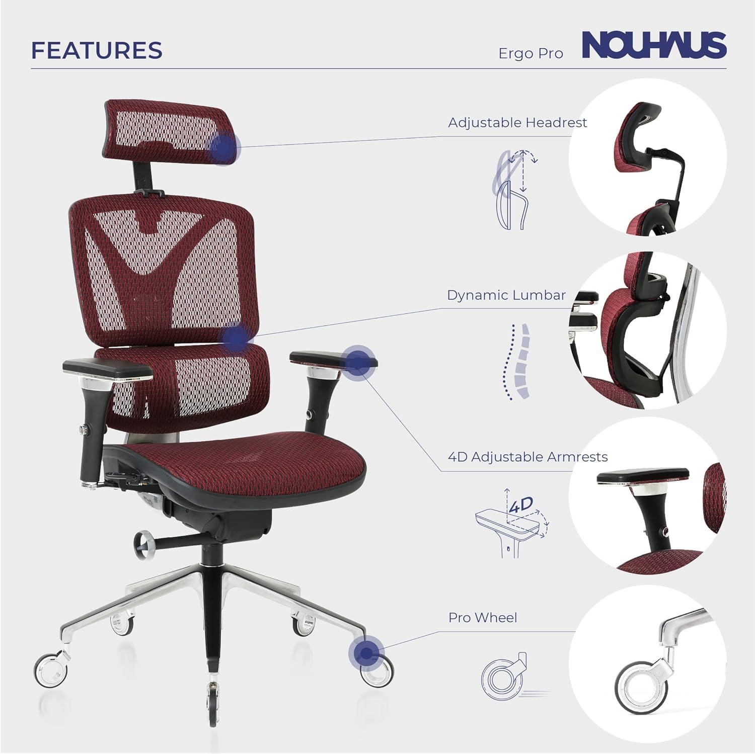 Nouhaus Inc Nouhaus Ergonomic Office Chair Lumbar Support Aluminum Alloy Backrest, Big and Tall Mesh Computer Desk Chair with Adjustable Headrest, 4D Armrest and Premium Wheels