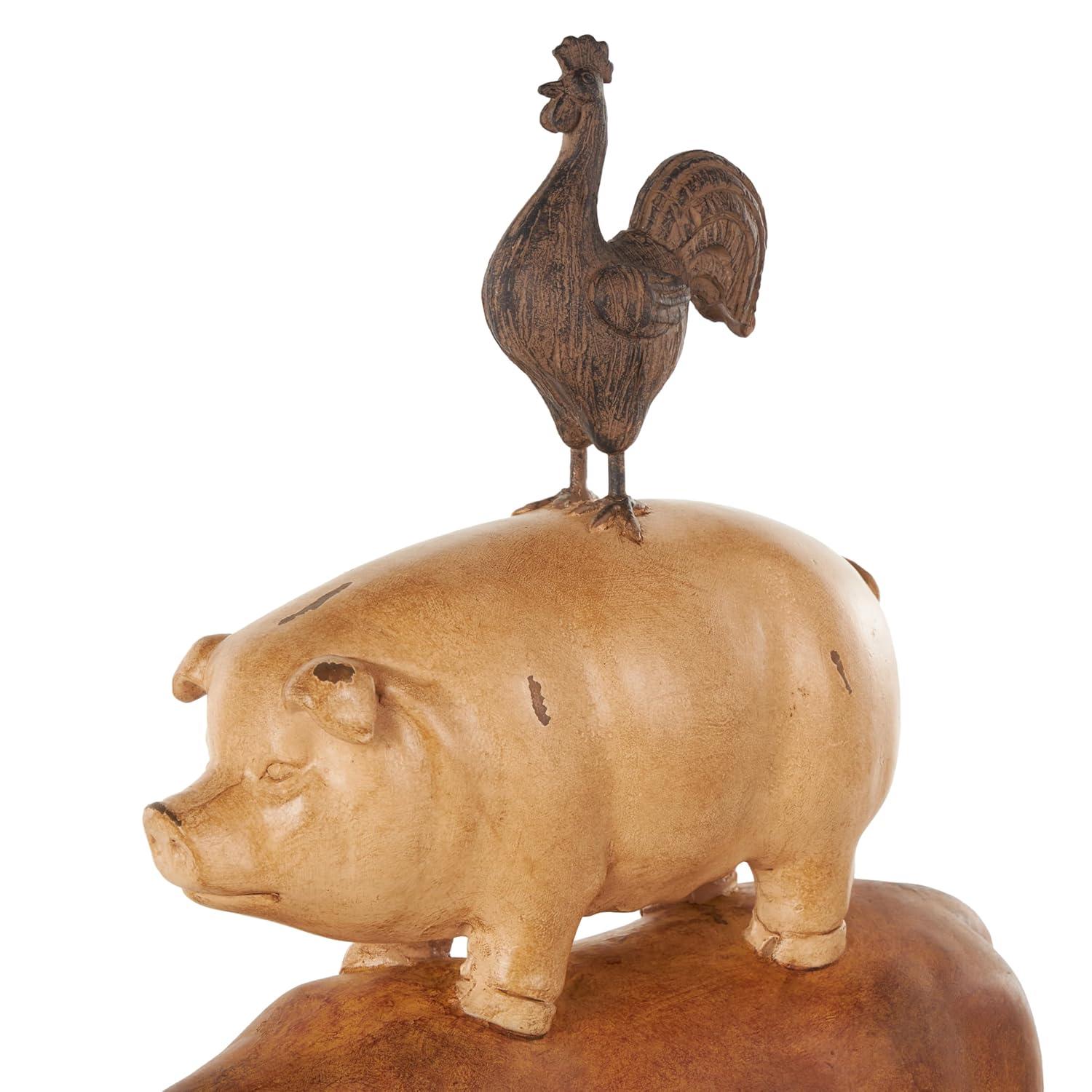 Distressed Copper Cow Statue with Beige Roosters and Chicks