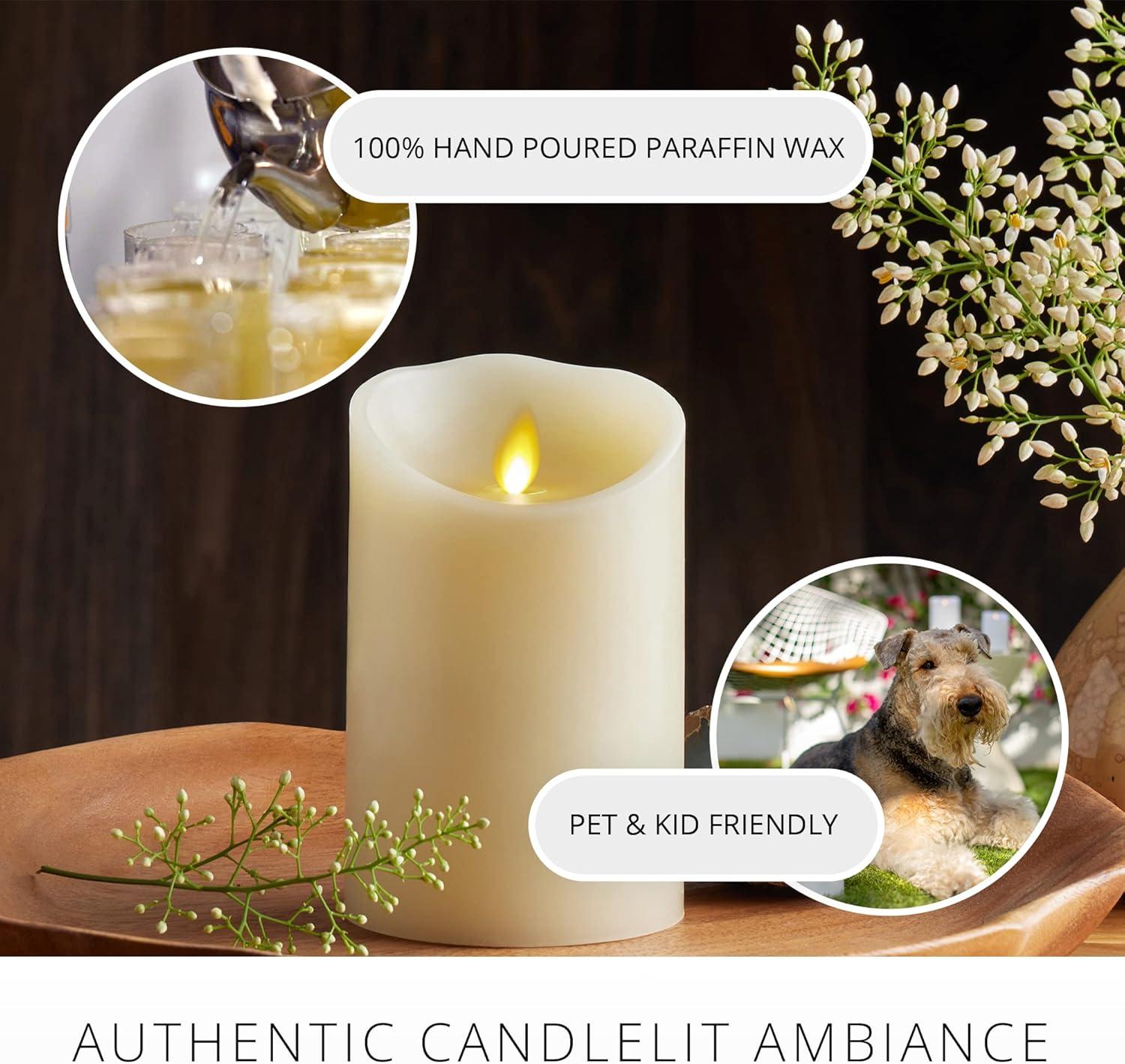 Luminara Realistic Artifical Flame Classic Pillar LED Candle - Moving Flame LED Battery Operated Lights - Unscented - Remote Ready - Ivory - 4" x 9"